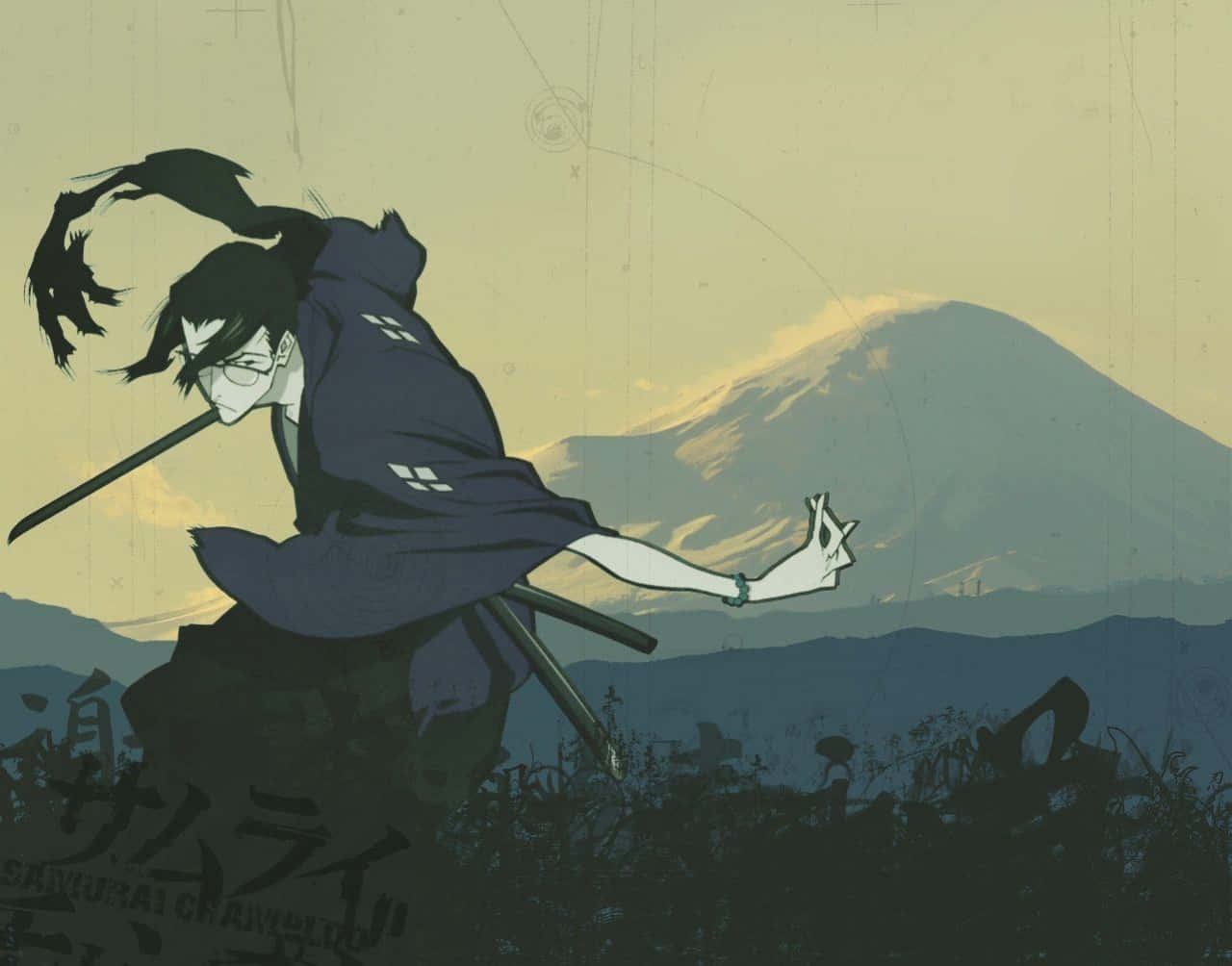 《浪客行》金經典姿勢圖 壁紙 — 一位身穿深藍色長袍的武士戰士，在富士山日落背景下，以風格化的墨筆筆觸動態跳躍。