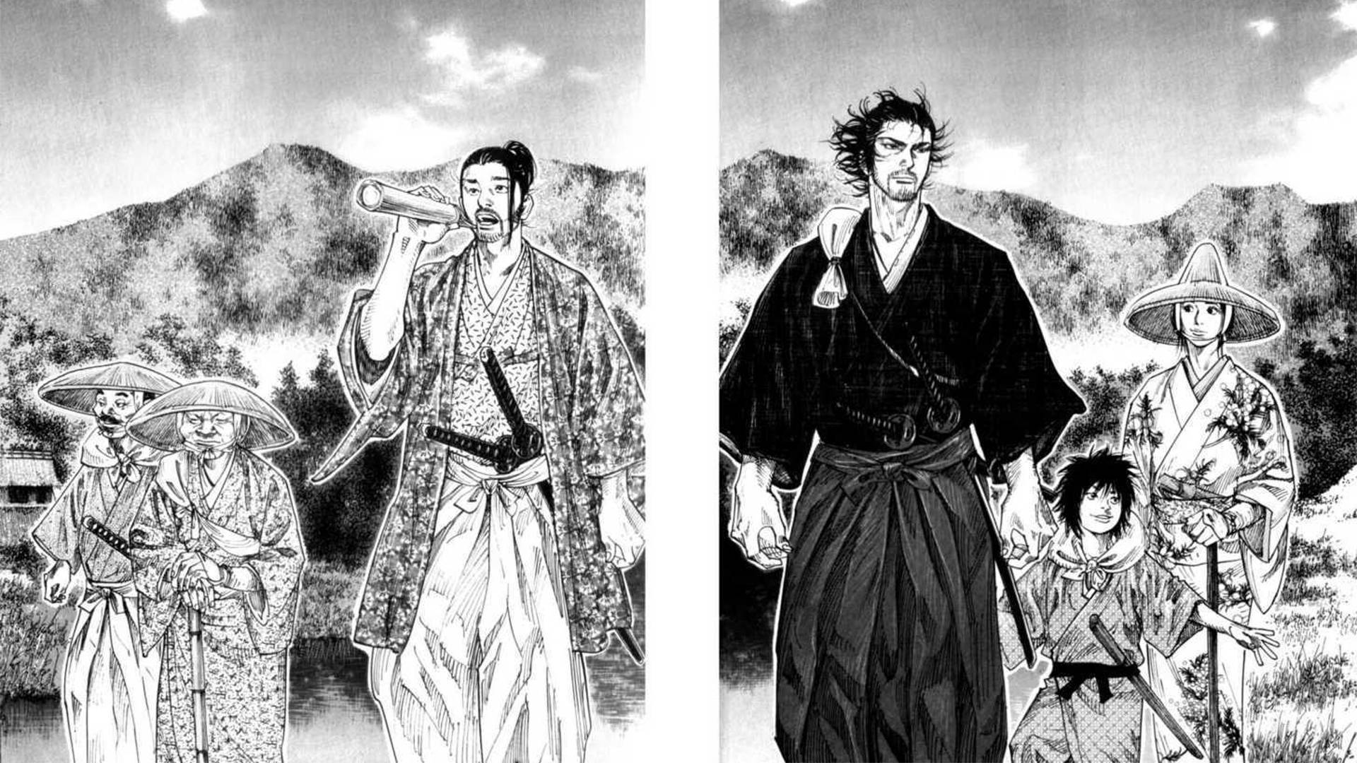 山地景觀中的武士與同伴漫畫面板