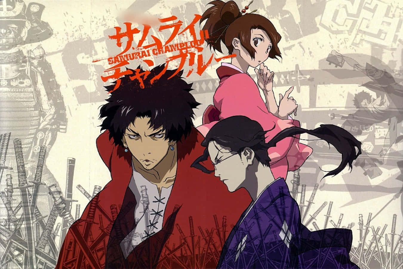 浪客行同人小說海報圖 壁紙 — 三個穿著傳統日本服裝的動漫角色站在武士刀和褪色戰鬥圖像的背景中。
