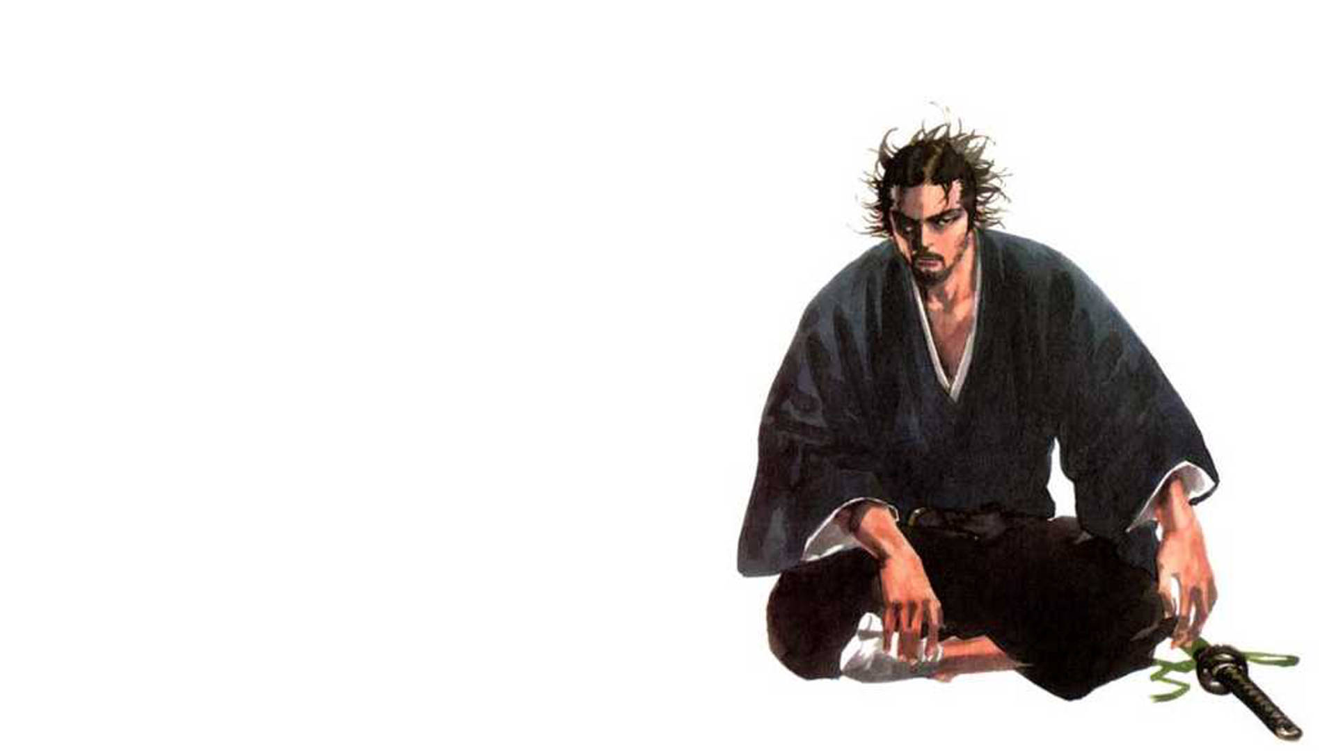 身穿深色長袍的武士，眼神凌厲，手持武士刀。