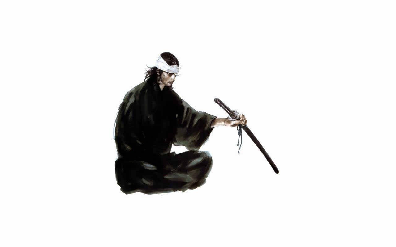 武士跪著手持刀劍，背景為白色。