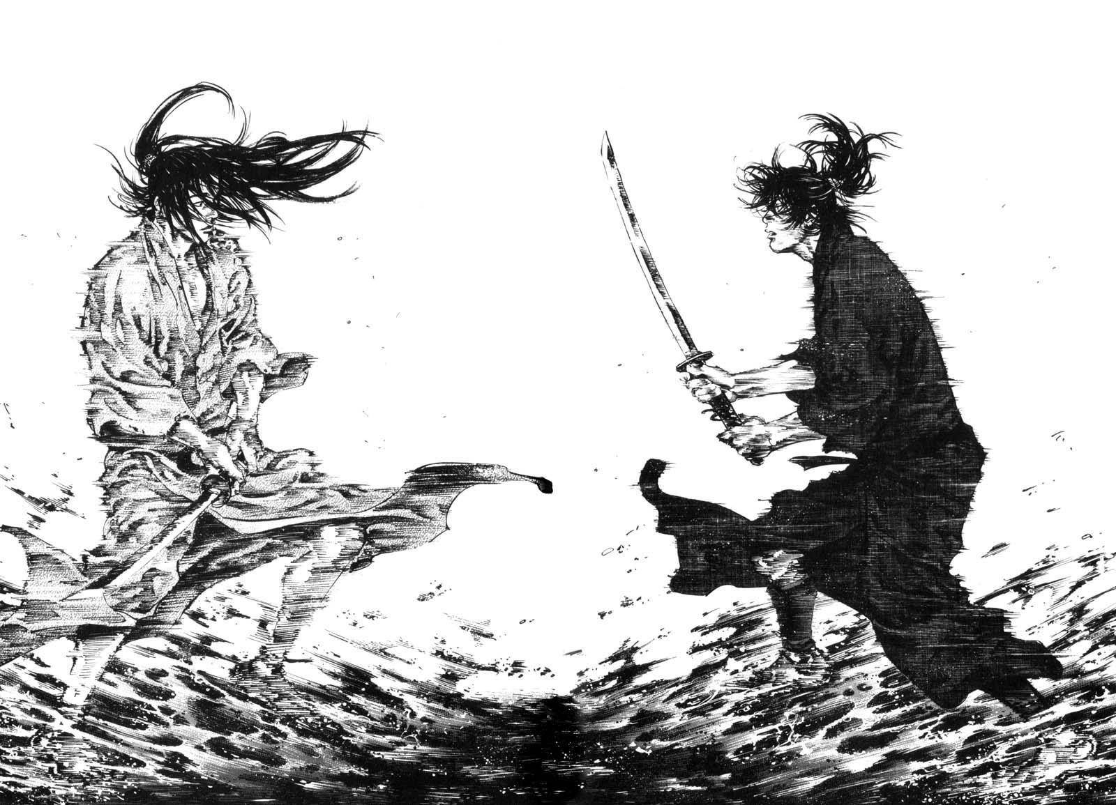 兩位武士戰士在湍急的水中戰鬥，頭髮隨風飄揚。