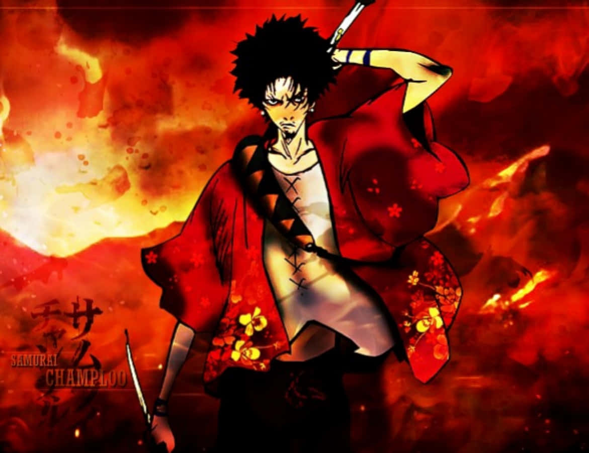 浪客行怒火 Mugen 圖 壁紙 — 一個兇猛的動漫武士穿著紅色和服，在熾熱的日落背景下持劍站立。