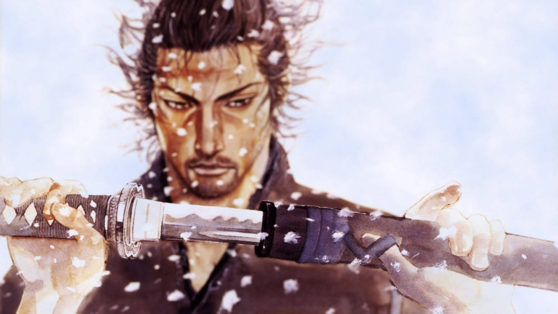 武士在雪地中手持劍，神情專注。