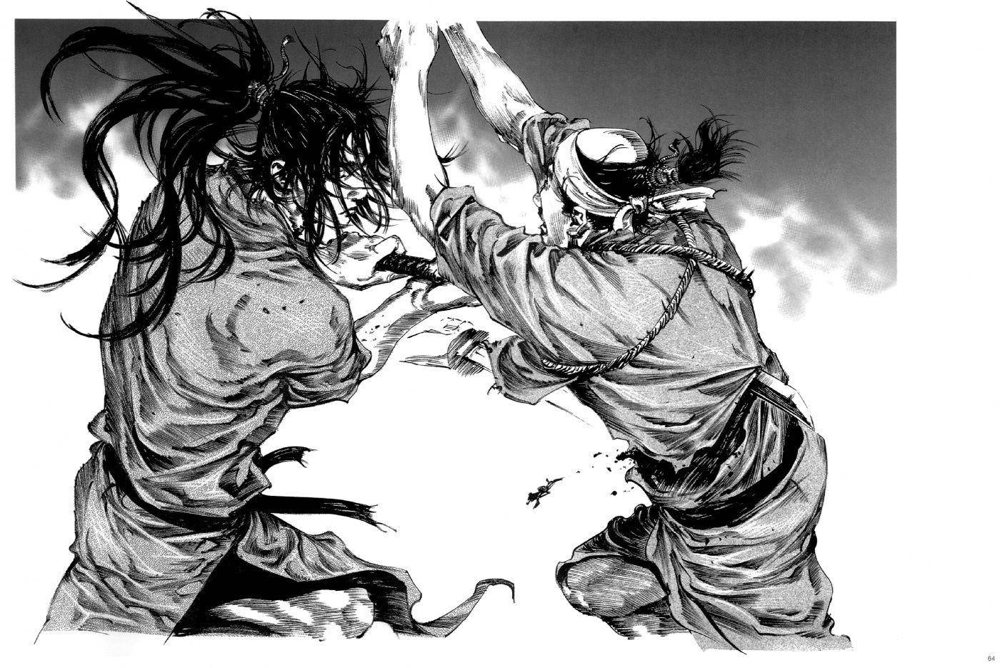 兩位武士戰士陷入激烈的劍鬥，頭髮飄逸，墨水飛濺。