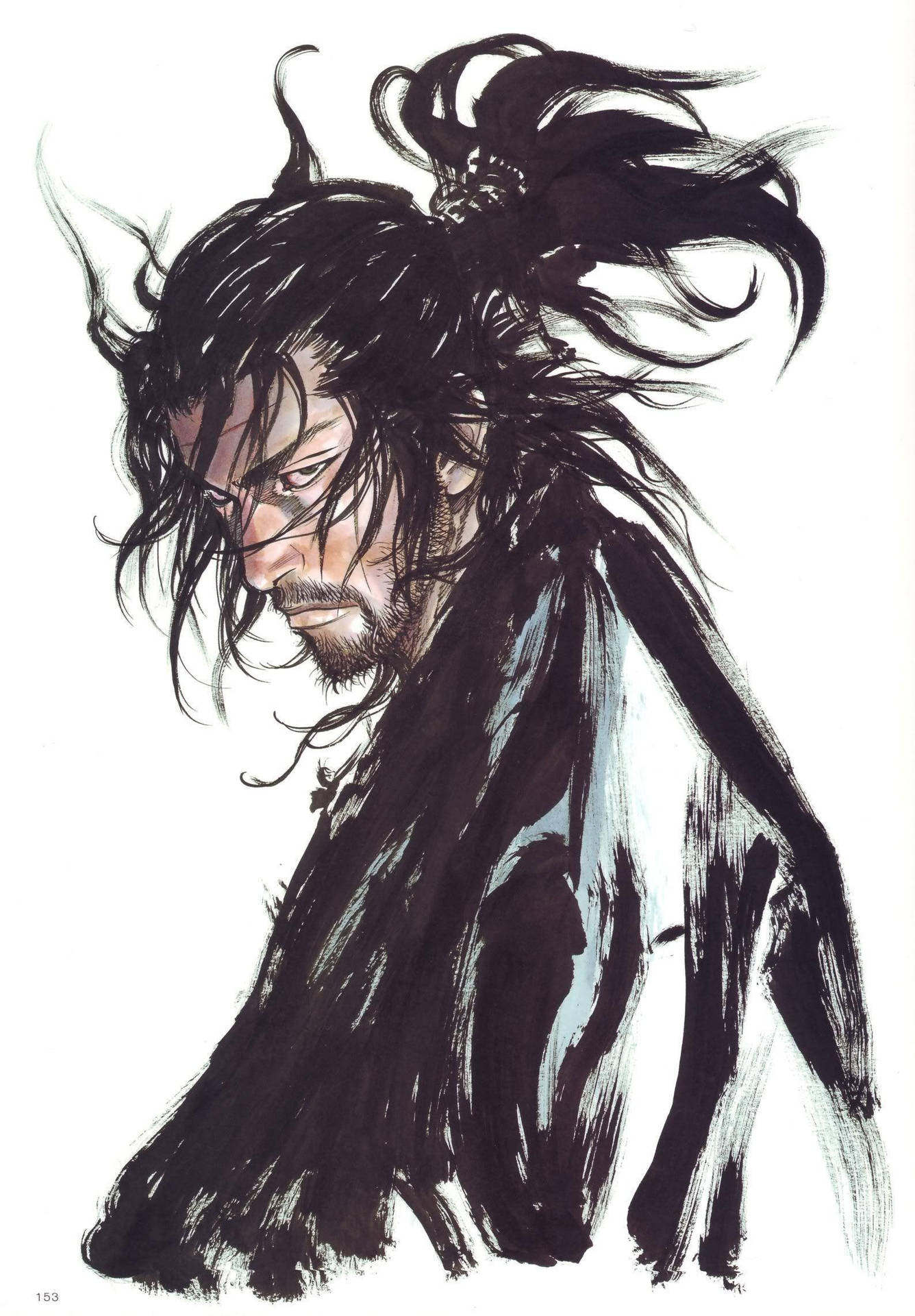 動漫戰士，狂野黑髮，表情強烈，水墨風格。
