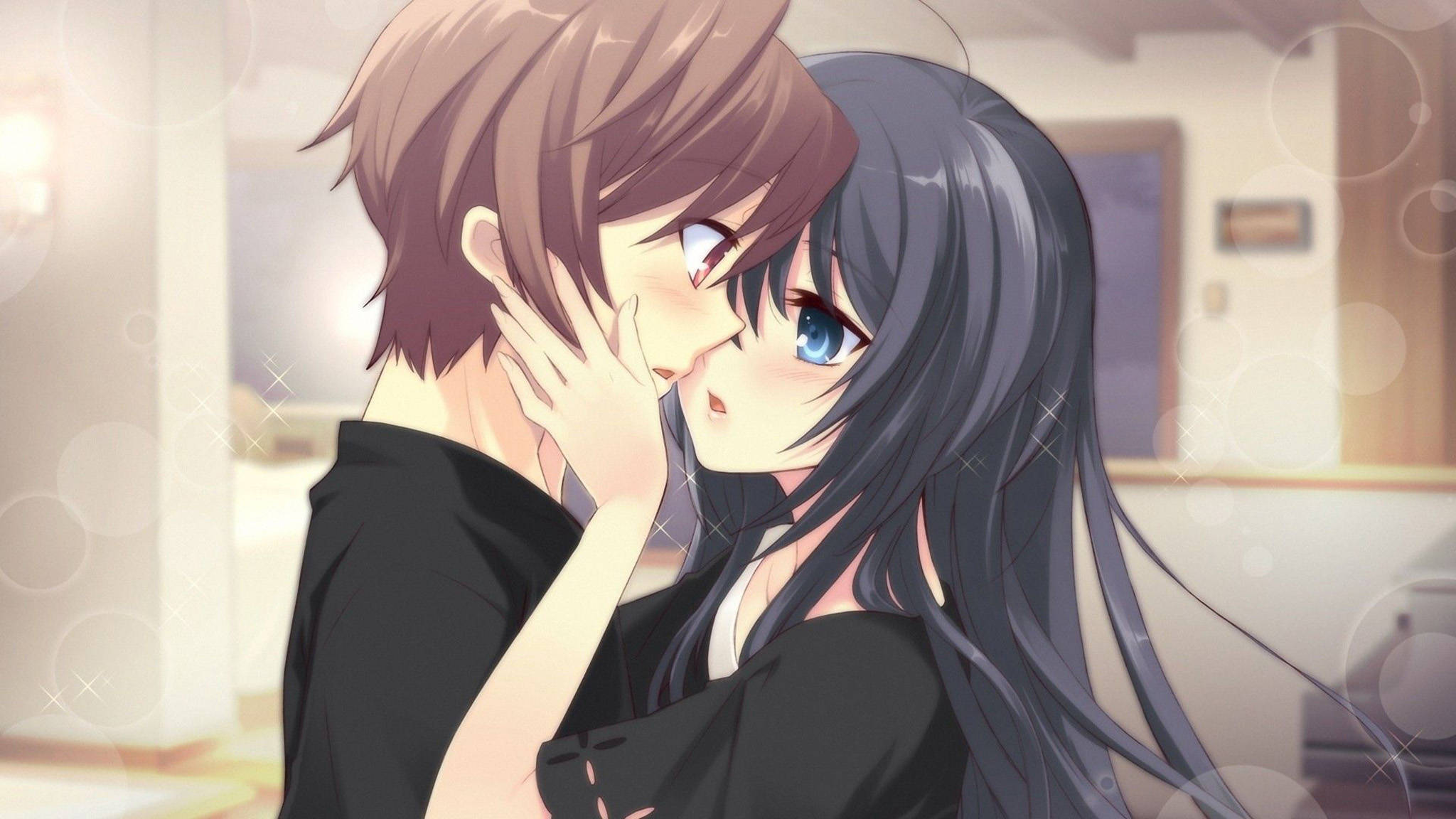 浪漫動漫女同性戀 壁紙 — 一對溫柔的動漫情侶在舒適的室內環境中，以柔和燈光和閃爍效果分享親密時刻。