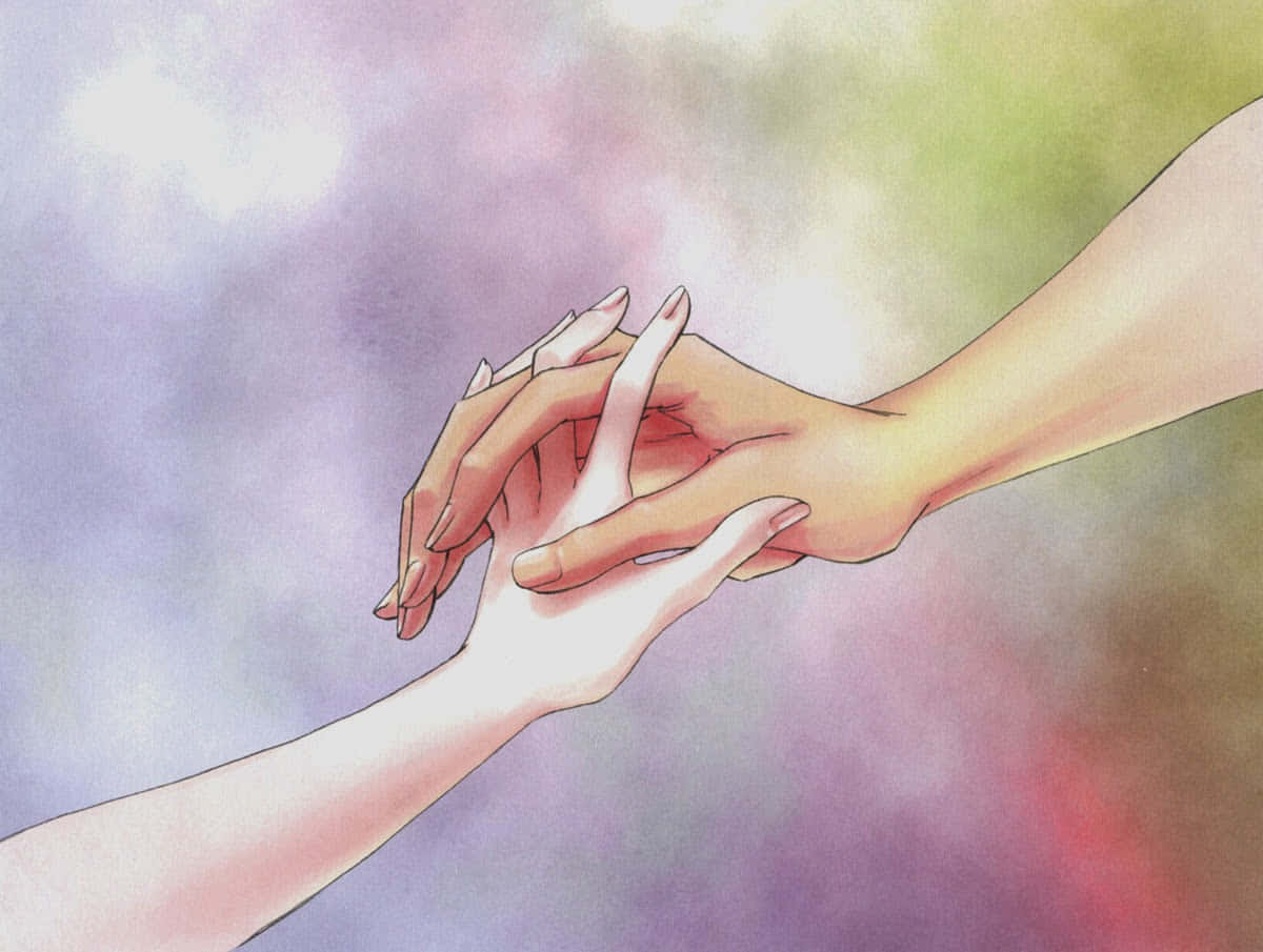 浪漫動漫情侶牽手彩色圖 壁紙 — 兩隻手輕輕交握，背景是柔和粉彩漸變的天空，帶有飄渺的光芒。