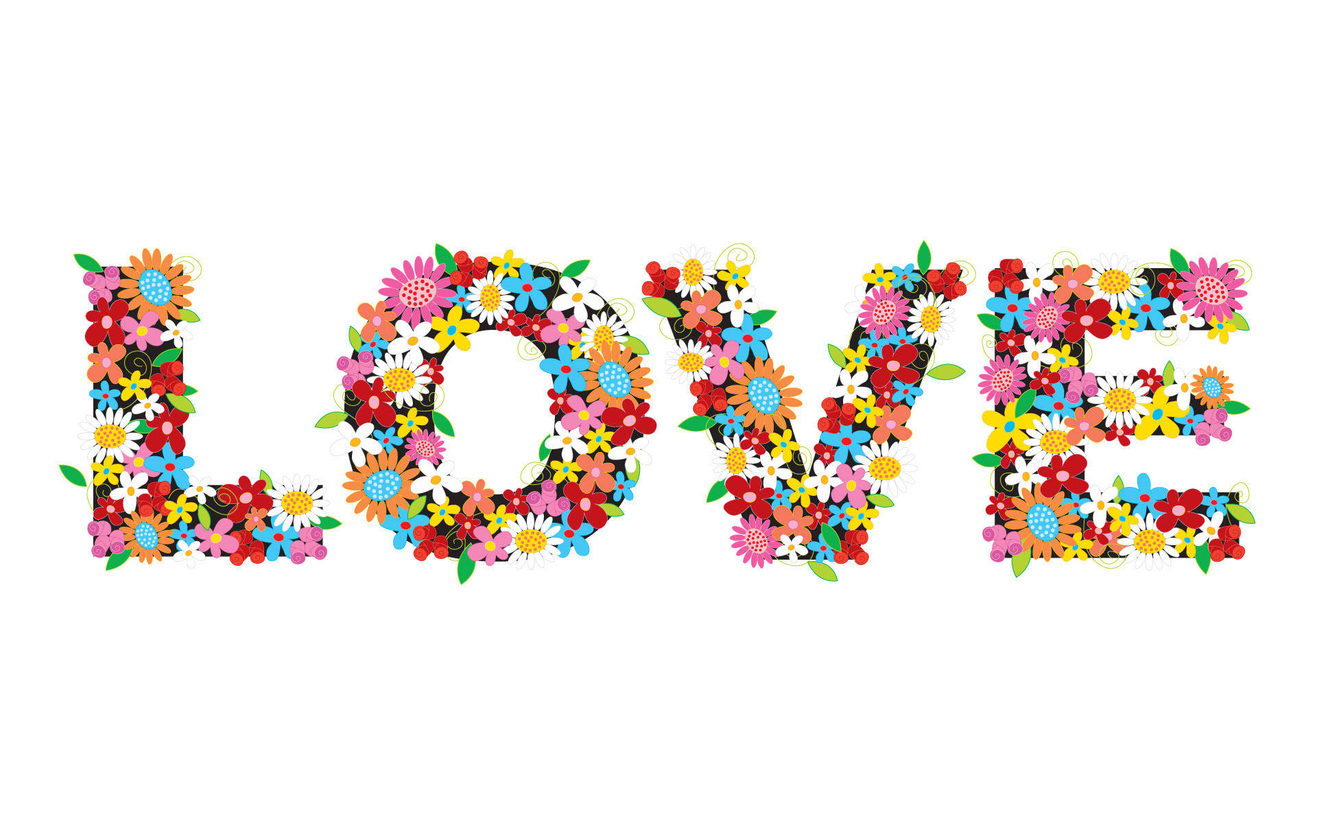 在白色背景上用色彩繽紛的花朵和綠葉組成的「LOVE」字樣。