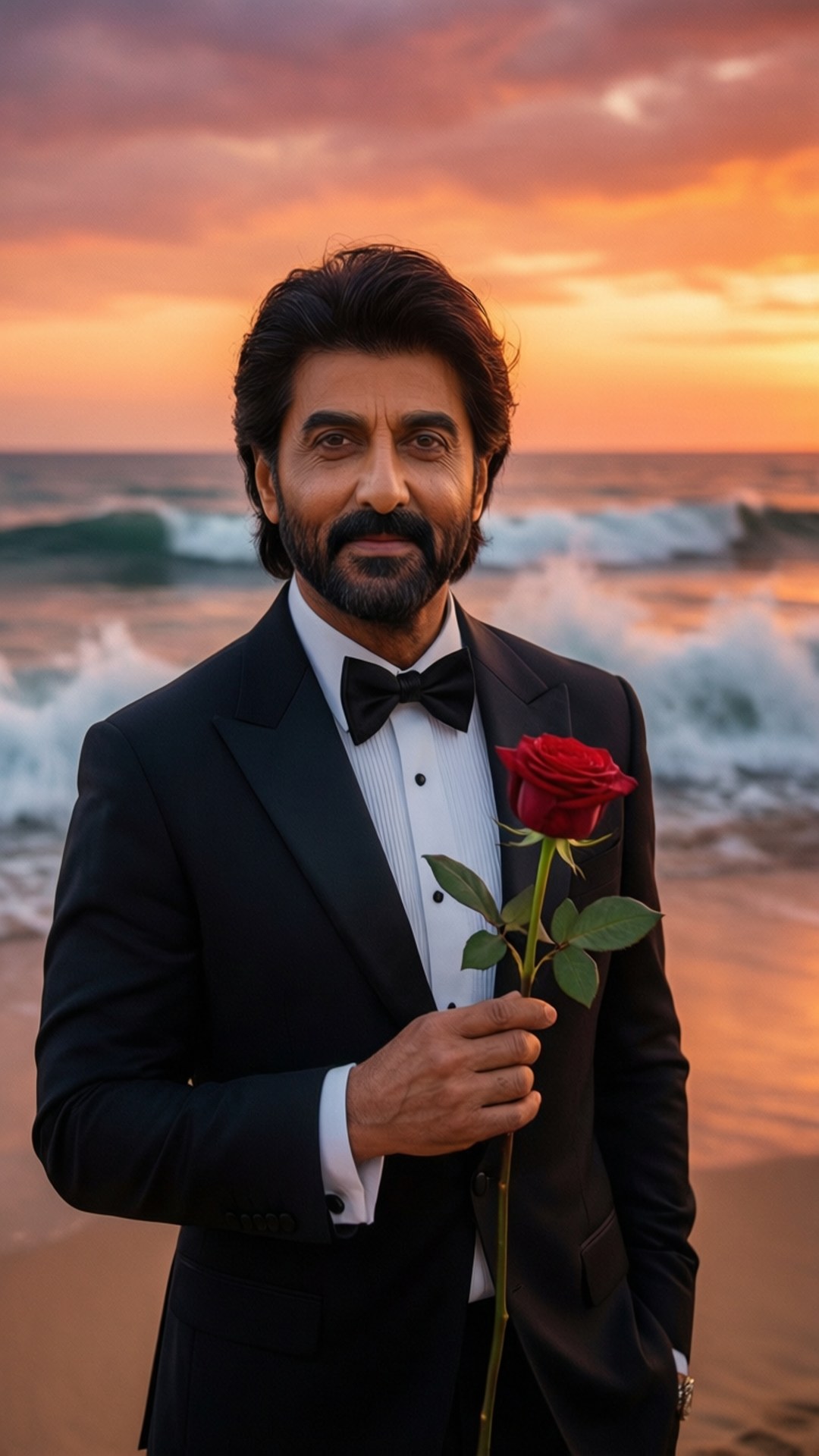 浪漫日落SRK 壁紙 — 一個穿著黑色燕尾服的男人在日落時分的沙灘上，身後有拍打的海浪，手持一朵紅玫瑰。