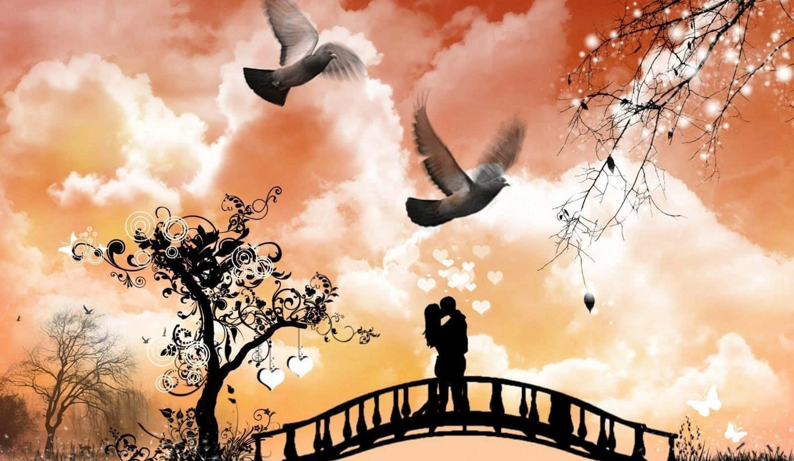 浪漫橙白雲朵 壁紙 — 一對情侶在橋上擁抱的浪漫剪影，背景是溫暖的日落天空，有飛翔的鴿子和心形雲朵。