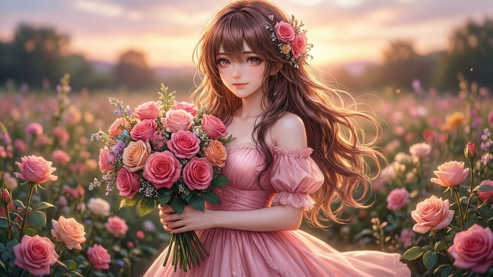 動漫女孩穿著粉紅色連衣裙在花田日落時手持玫瑰束。