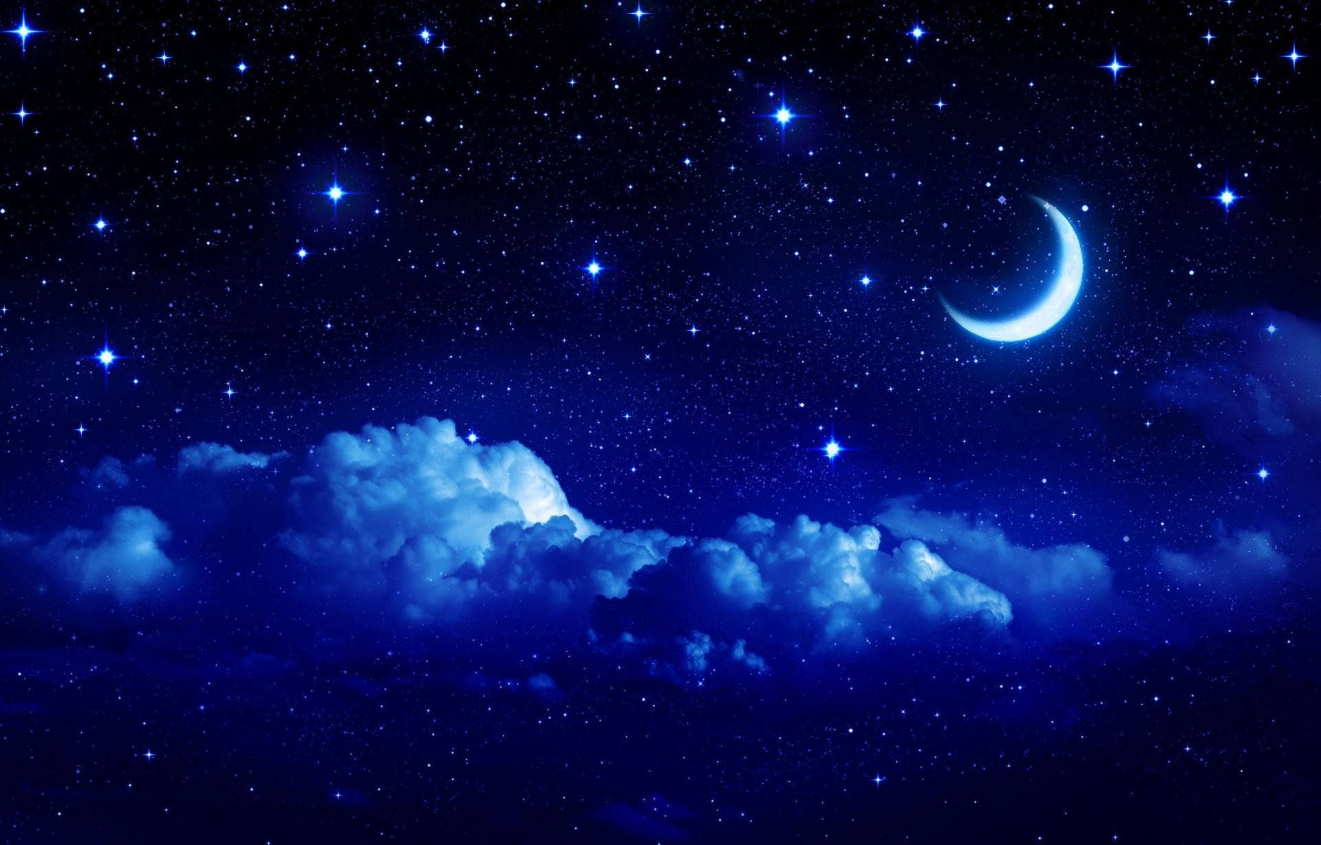 彎月和星星在深藍色夜空中發光的雲層之上。 — 月亮與星星動畫 壁紙