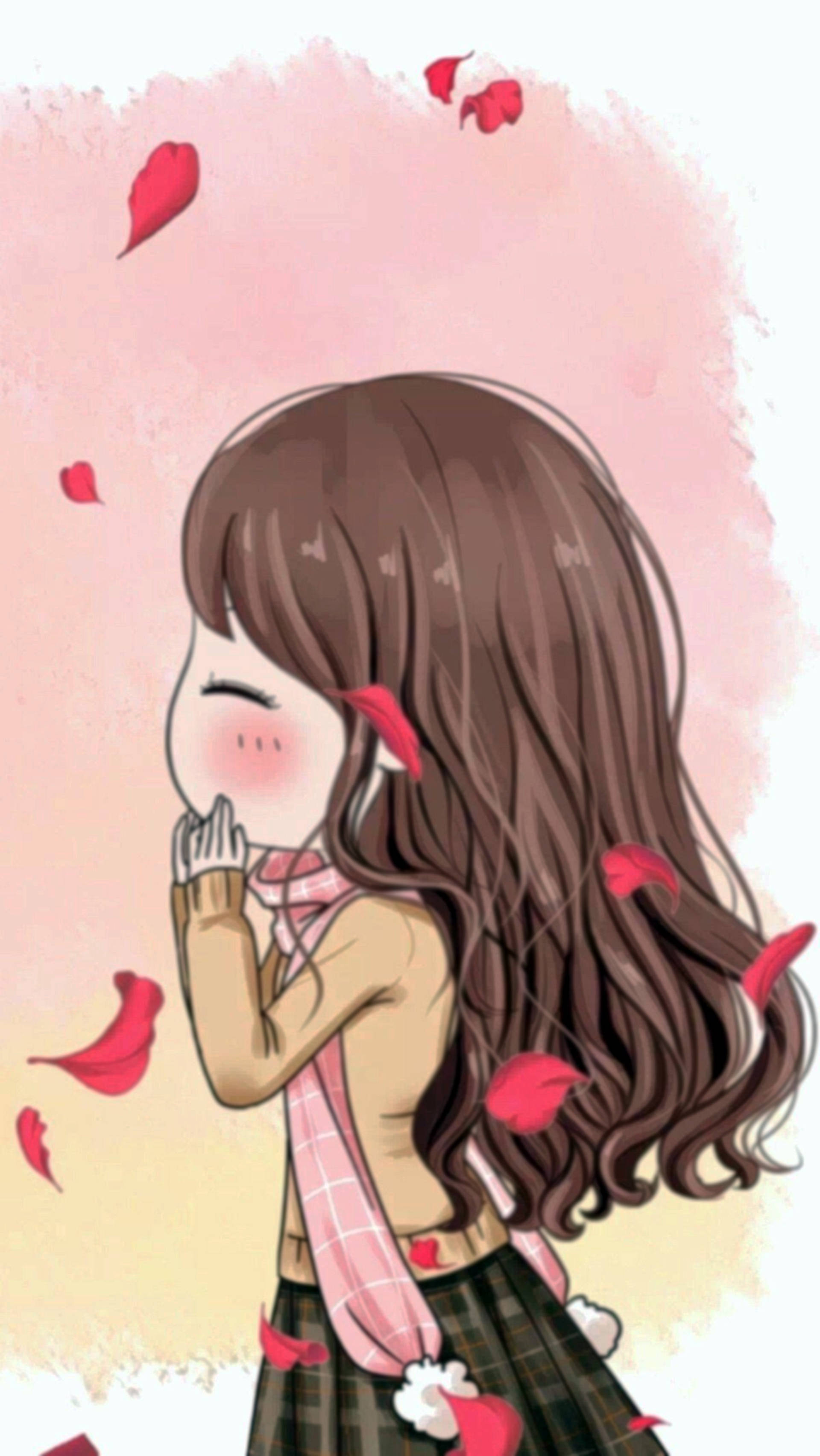 浪漫配對女孩 壁紙 — 一個可愛的動漫女孩，長長的棕色頭髮和粉紅色圍巾，在柔和的粉彩背景中，紅色玫瑰花瓣飄落在她周圍，她害羞地微笑。