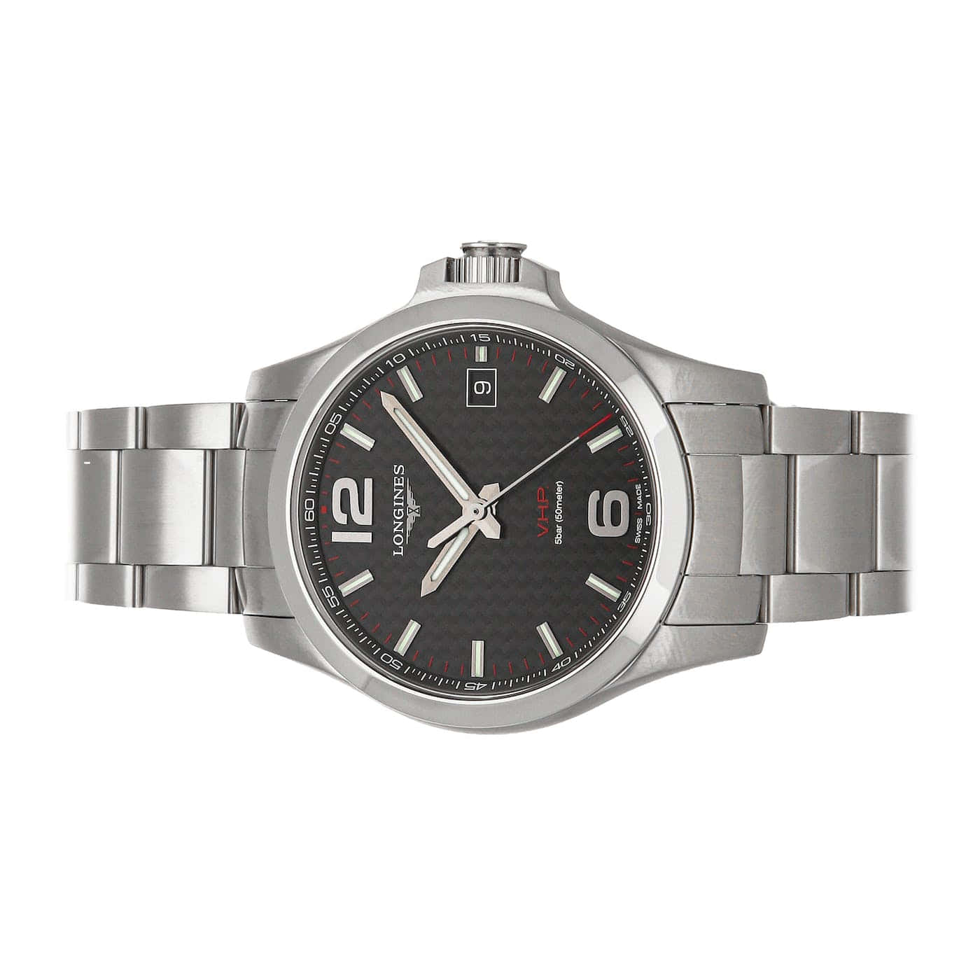 銀色 Longines 手錶，配備黑色碳纖維錶盤和紅色細節。