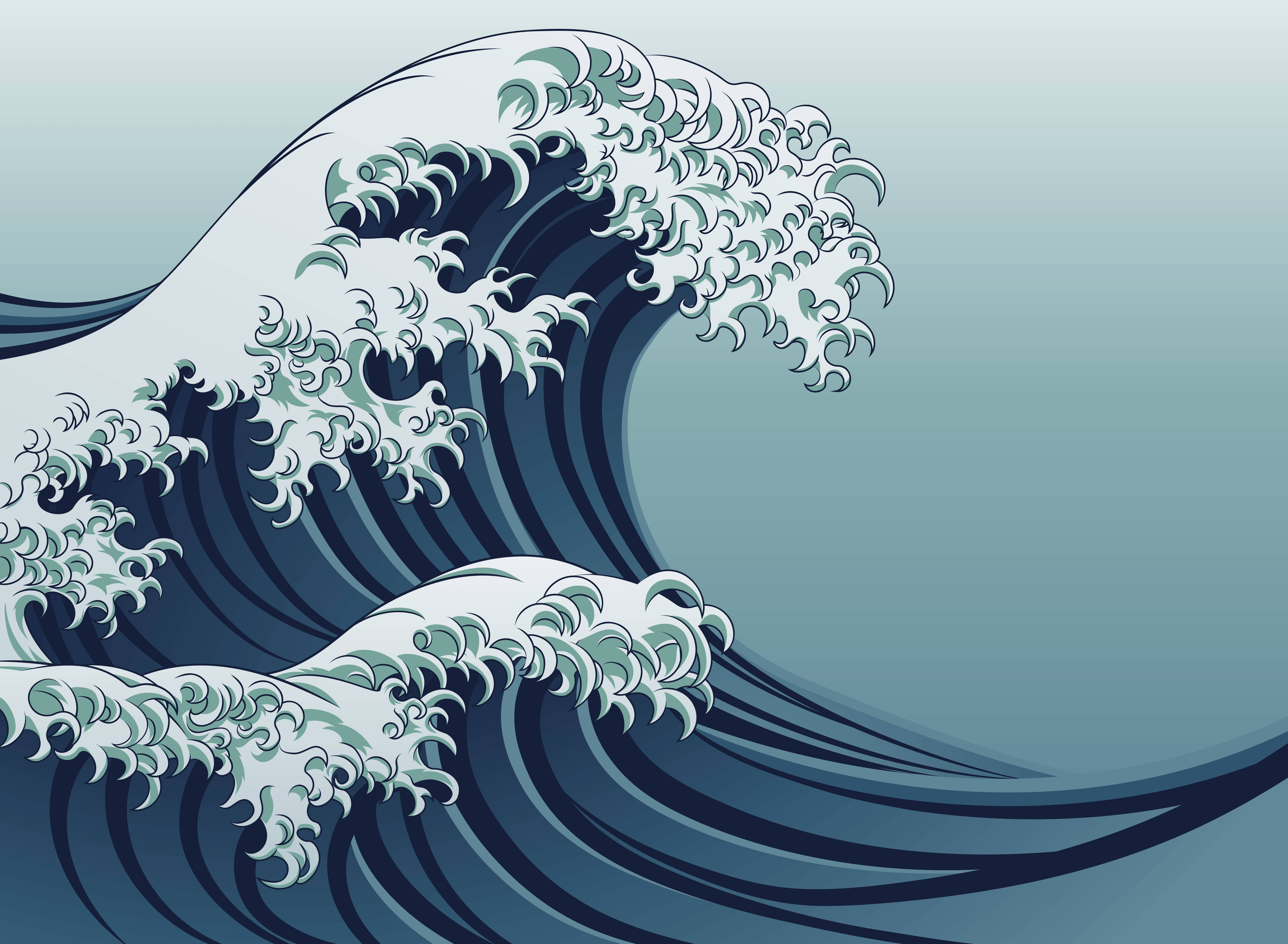 浮世繪浪花向量藝術 壁紙 — 一個風格化的高聳波浪，帶有泡沫般的白色波峰，在漸變青綠色背景上動態彎曲。