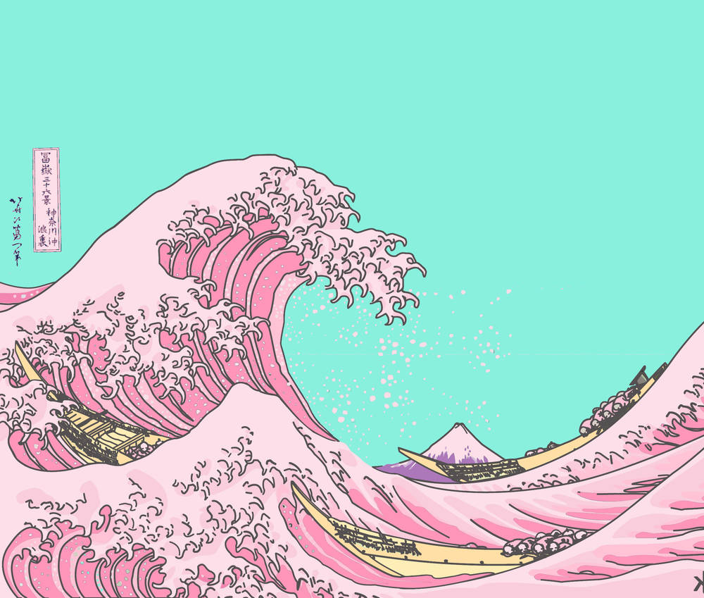 浮世繪浪花柔粉風格 壁紙 — 在綠松石色的天空下，一道風格化的粉紅色波浪聳立於船隻之上，遠處可見富士山。