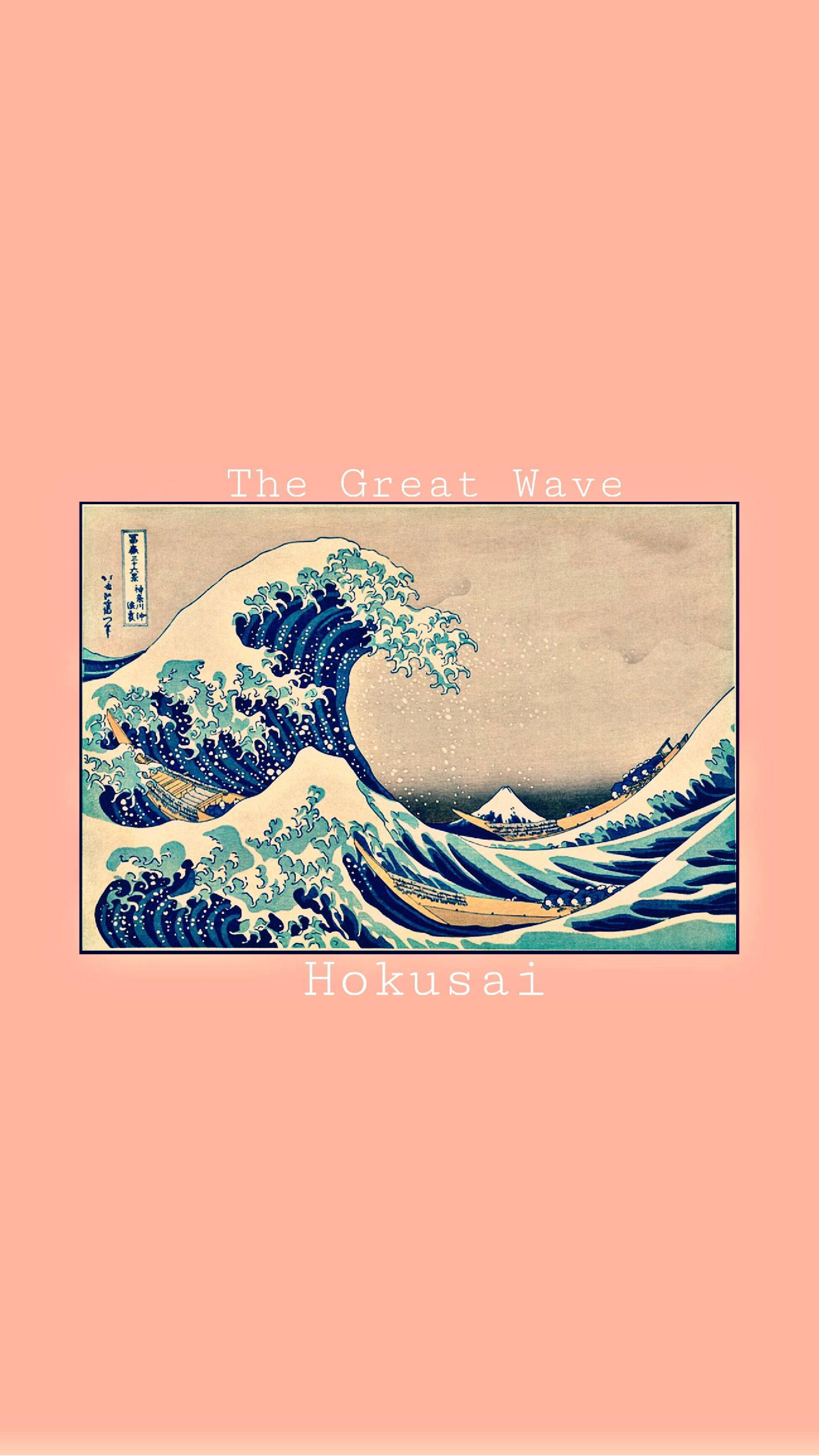 浮世繪浪花桃色背景 壁紙 — 葛飾北齋的經典日本木版畫《神奈川沖浪裏》，以柔和蜜桃色背景襯托。
