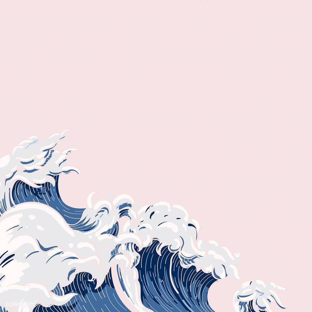 浮世繪浪花淡粉背景 壁紙 — 一個風格化的藍色波浪，帶有白色泡沫，在柔和的粉紅色背景上撞擊，呈現極簡插圖。