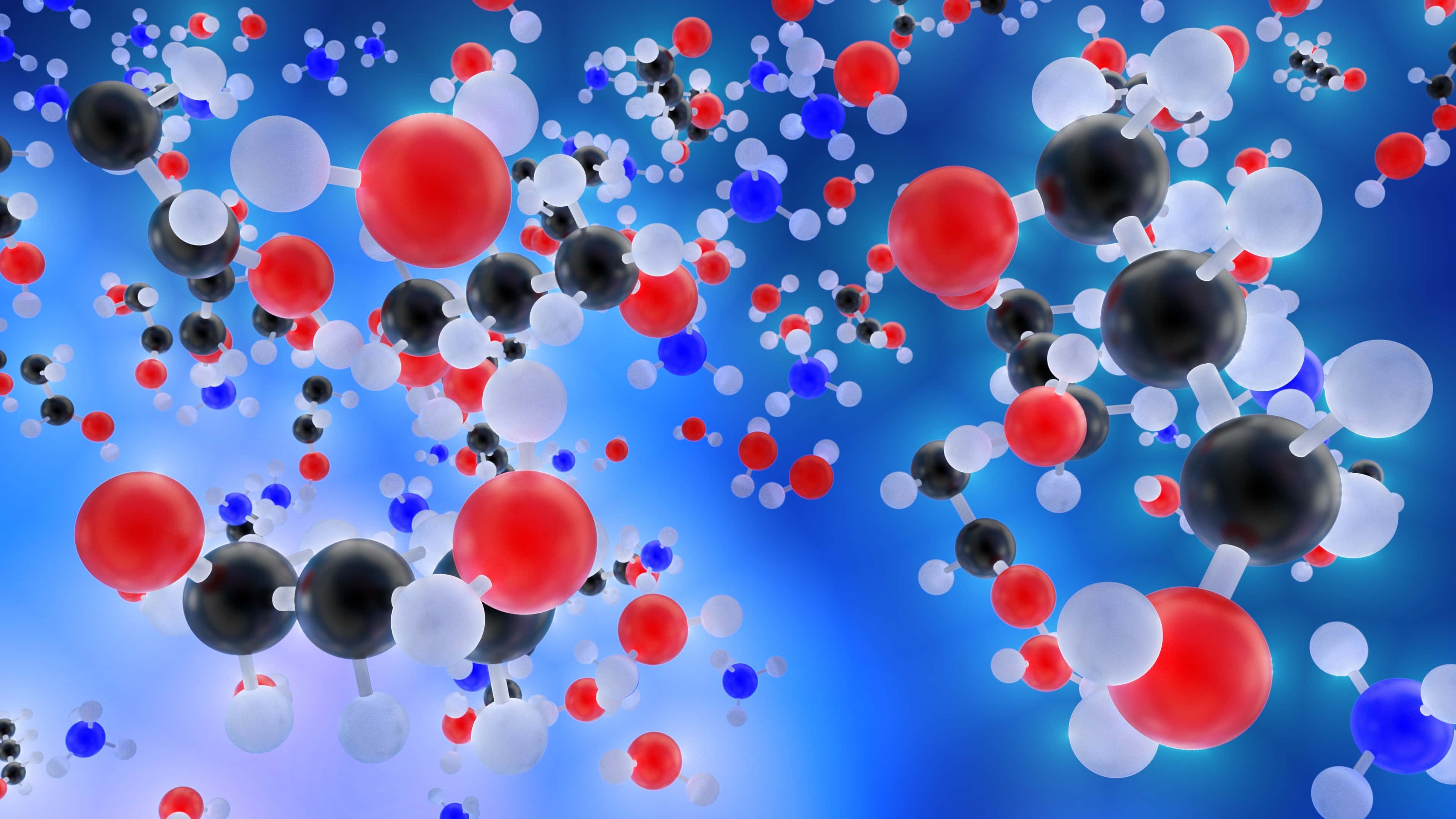 Chemistry 桌布 壁紙 — 浮動分子結構，帶有紅色、白色和黑色球體，背景為漸變藍色。