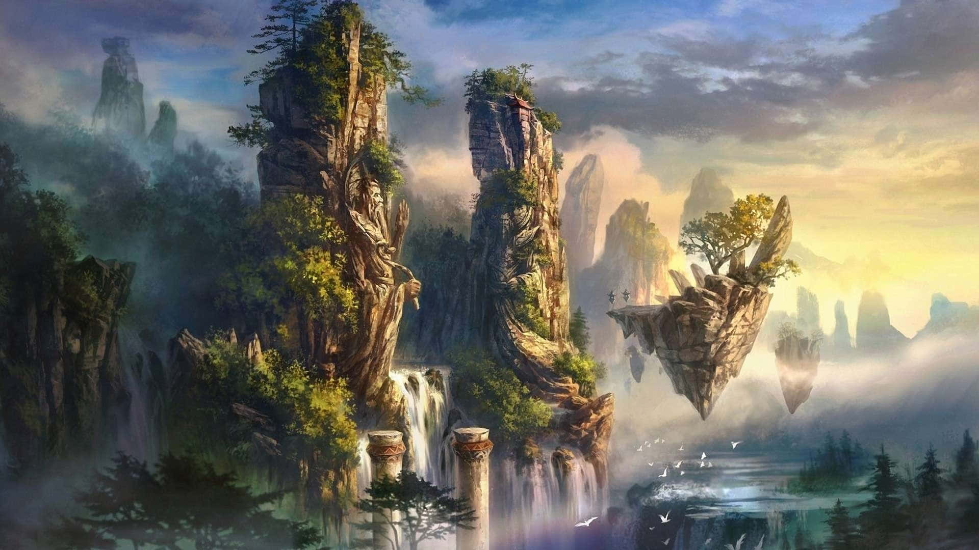 Spectacular 桌布 壁紙 — 浮動嘅岩石柱從迷霧水域升起，瀑布喺古老石柱之間傾瀉而下，天空金黃。