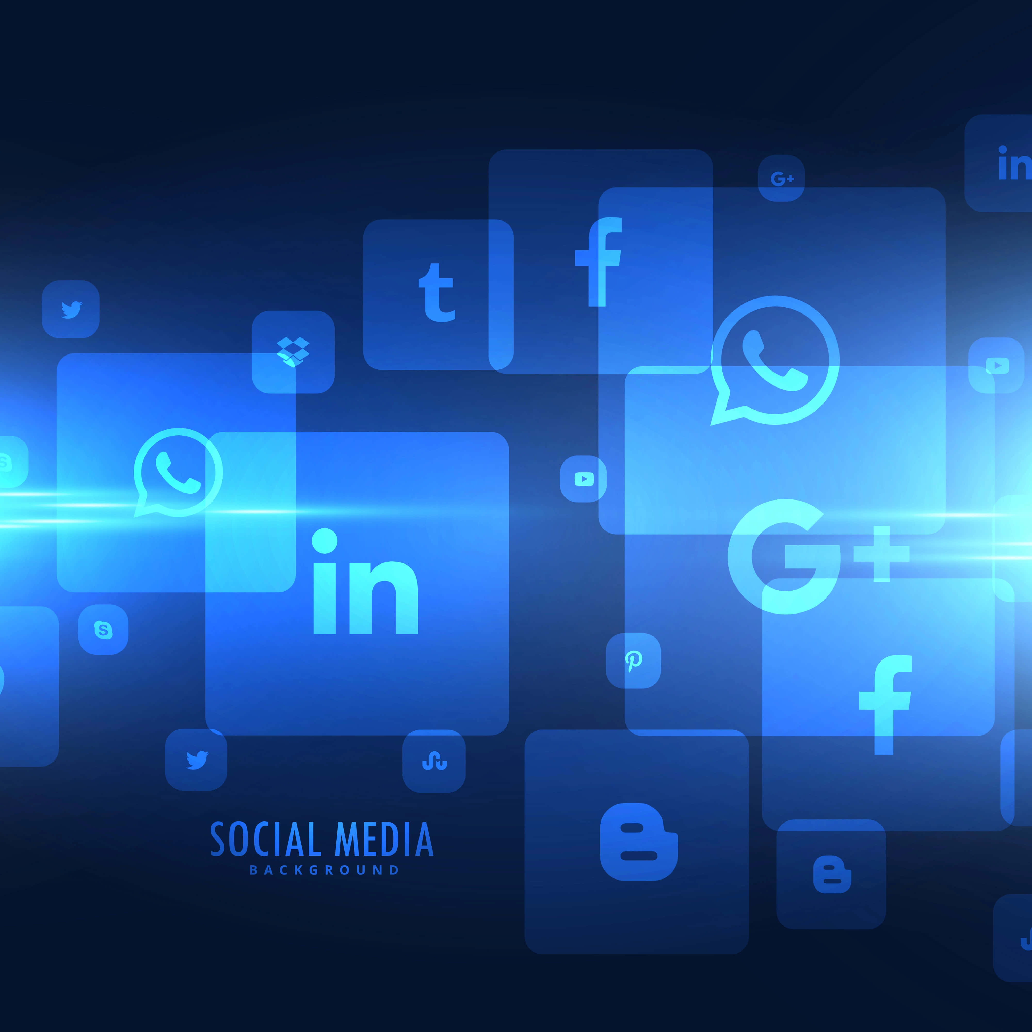 Social Media 桌布 壁紙 — 浮動的半透明藍色社交媒體圖標在帶有光線條紋的深色數位背景上發光。