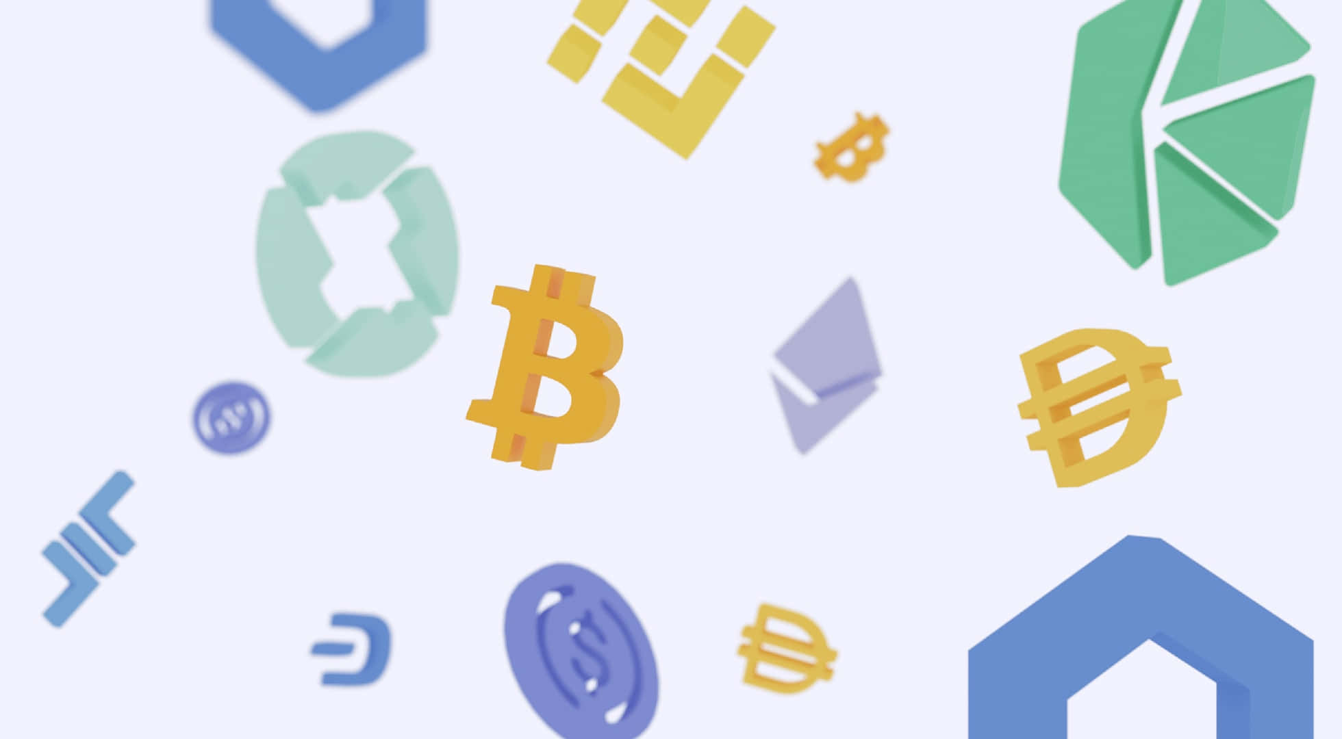 加密貨幣 桌布 壁紙 — 浮動的彩色加密貨幣標誌，如比特幣和以太幣，在柔和的淺藍色背景上。