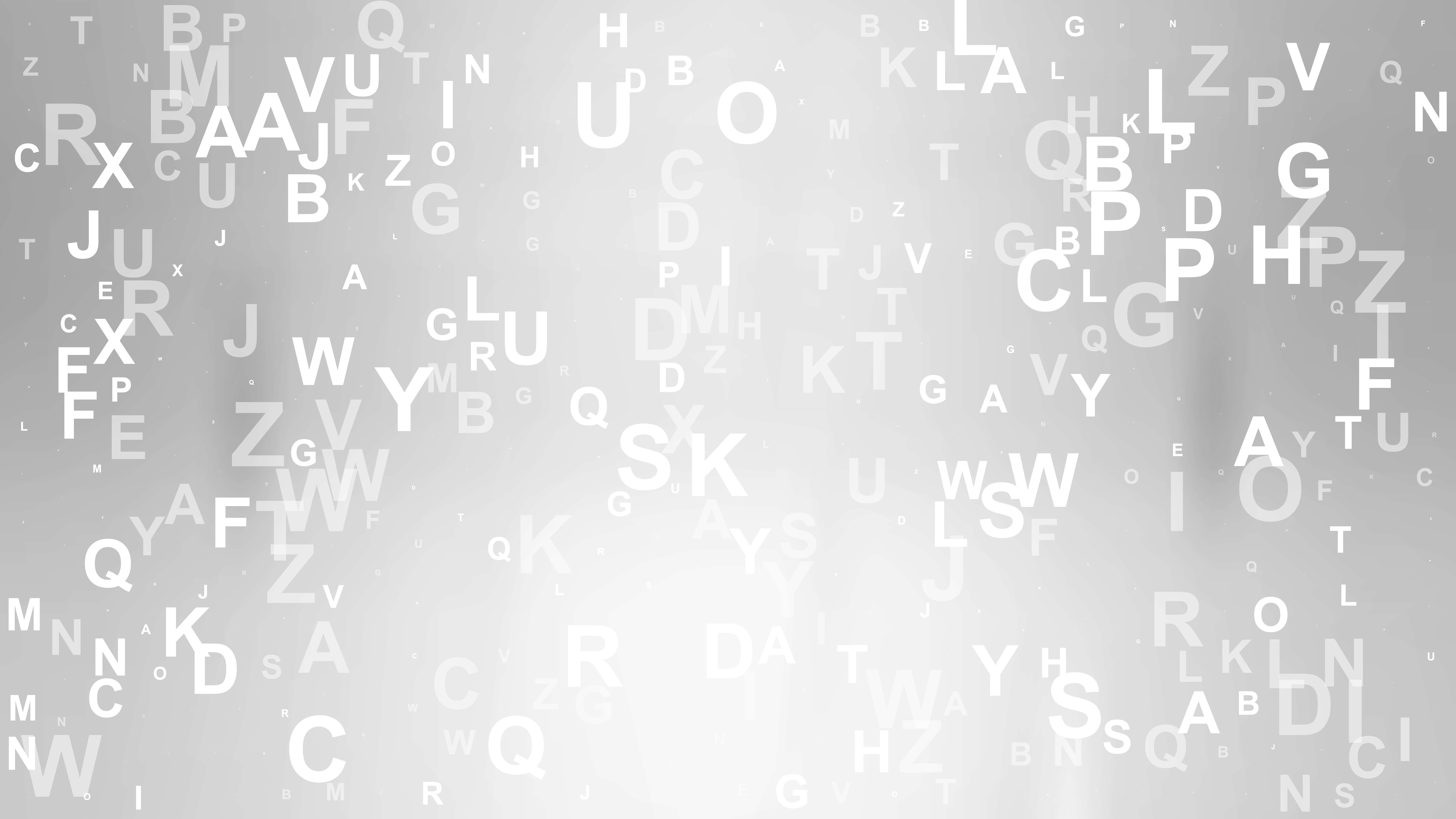 字母 桌布 壁紙 — 浮動的白色字母和符號在柔和的灰色漸變背景上飄移，形成數位抽象構圖。