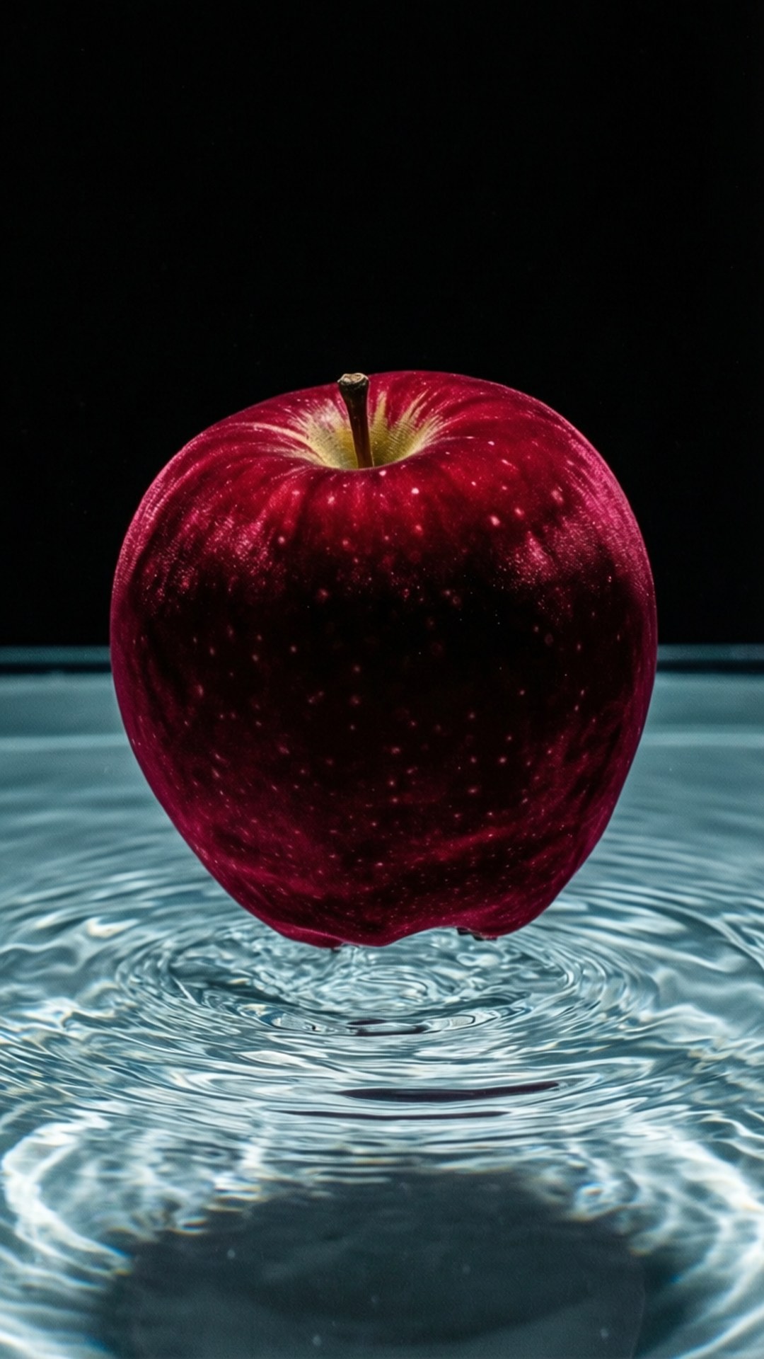 一個紅蘋果懸浮在水面上，漣漪向外擴散。