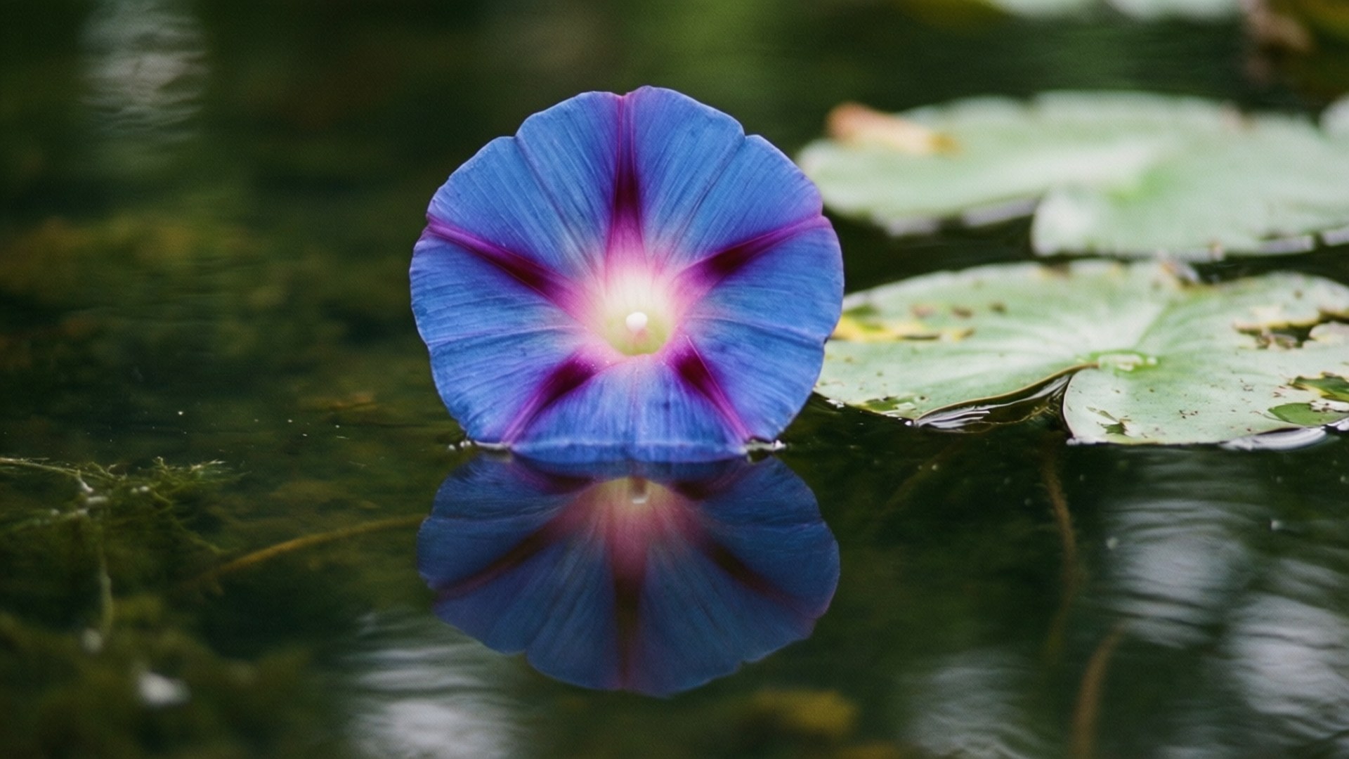 藍色牽牛花漂浮在水面上，有倒影，附近有綠色睡蓮葉