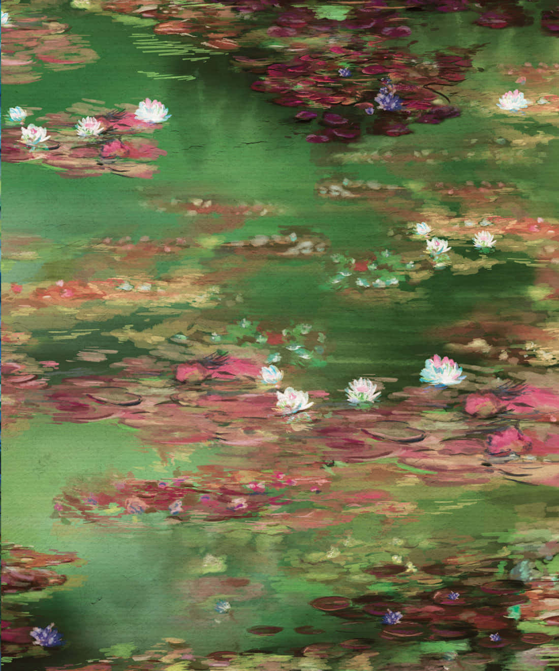 浮水百合花 壁紙 — 一幅充滿活力的油畫，描繪睡蓮漂浮在綠色池塘上，帶有粉紅色和白色的花朵以及斑駁的倒影。