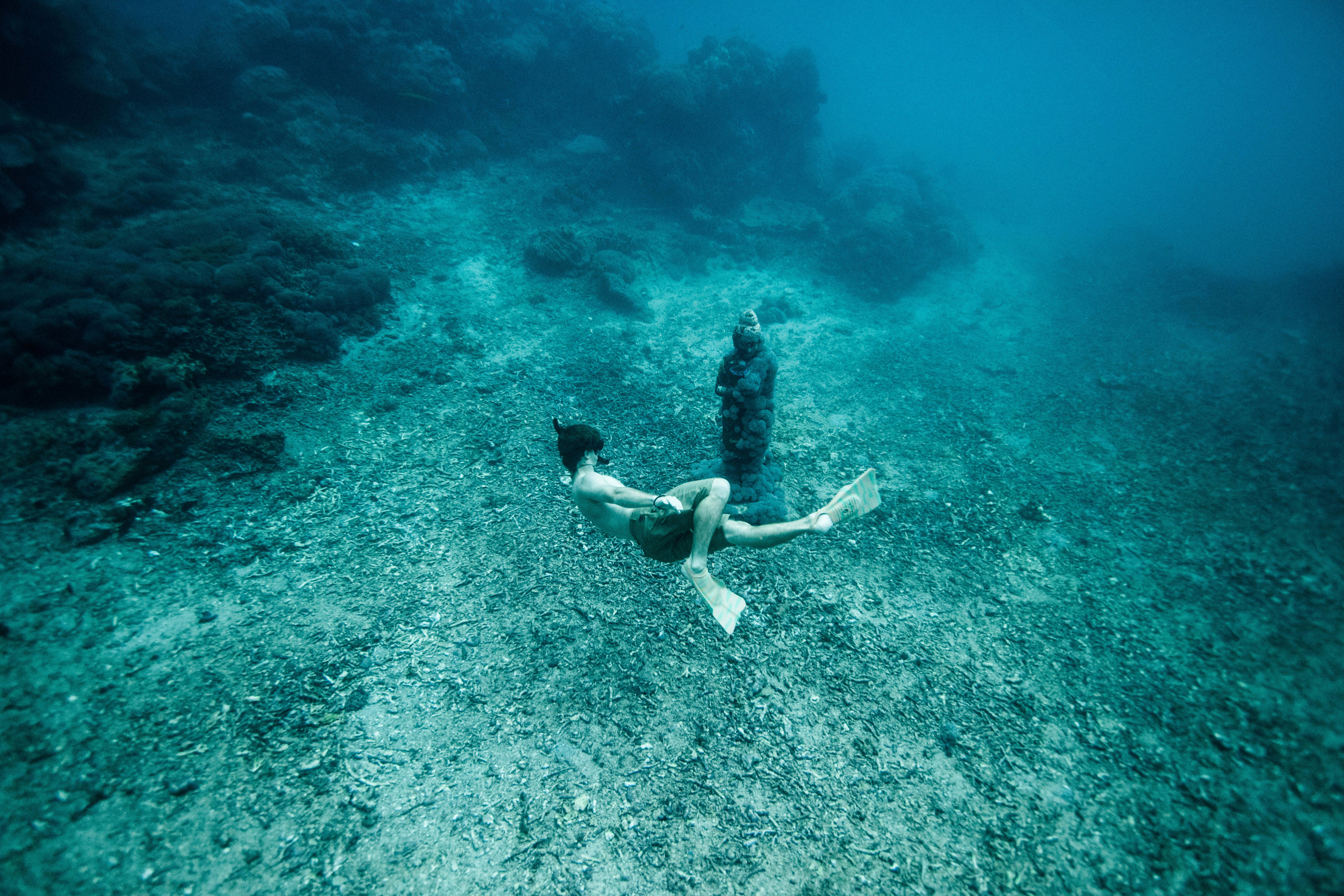 浮潛於水下岩石雕塑間 壁紙 — 兩名潛水員在清澈碧綠的海水中，優雅地滑過陽光普照的珊瑚礁海底。