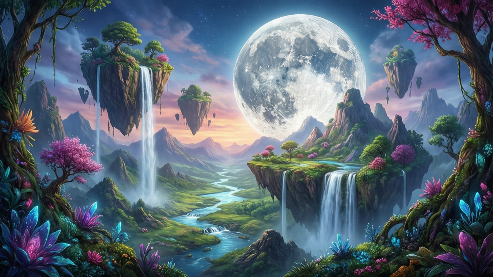 浮島瀑布和巨月照耀蜿蜒河流的魔法奇幻景觀。