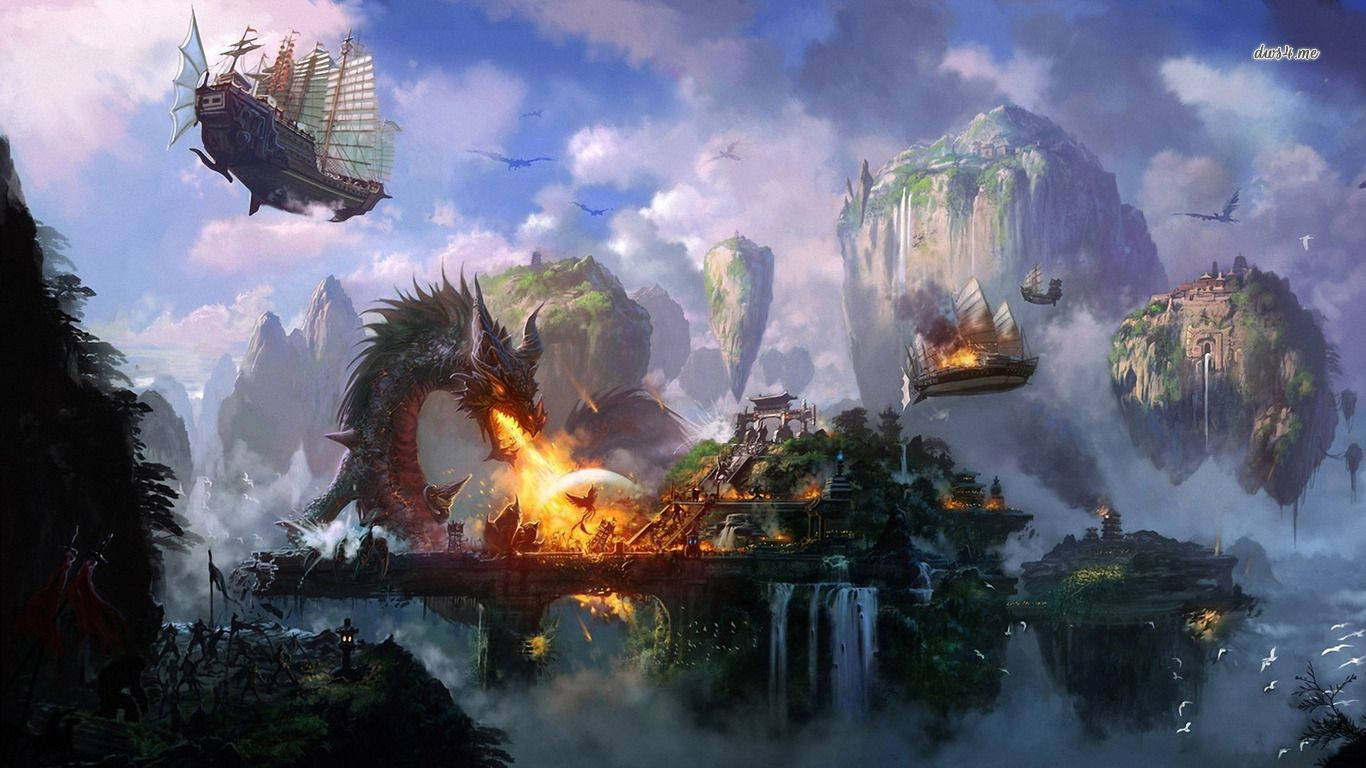 浮空潘多拉中的巨龍 壁紙 — 一條巨龍向浮空島嶼堡壘噴火，帆船在多雲的天空下於霧氣籠罩的山峰之間航行。