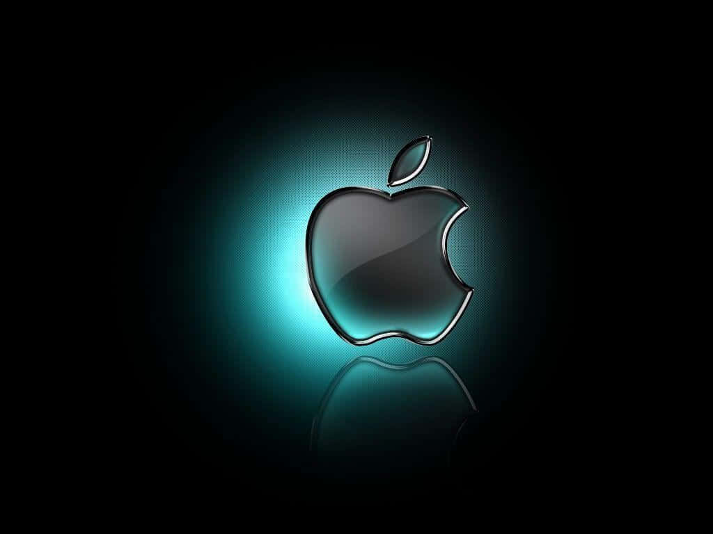 在深色背景上帶有倒影的發光青綠色Apple標誌