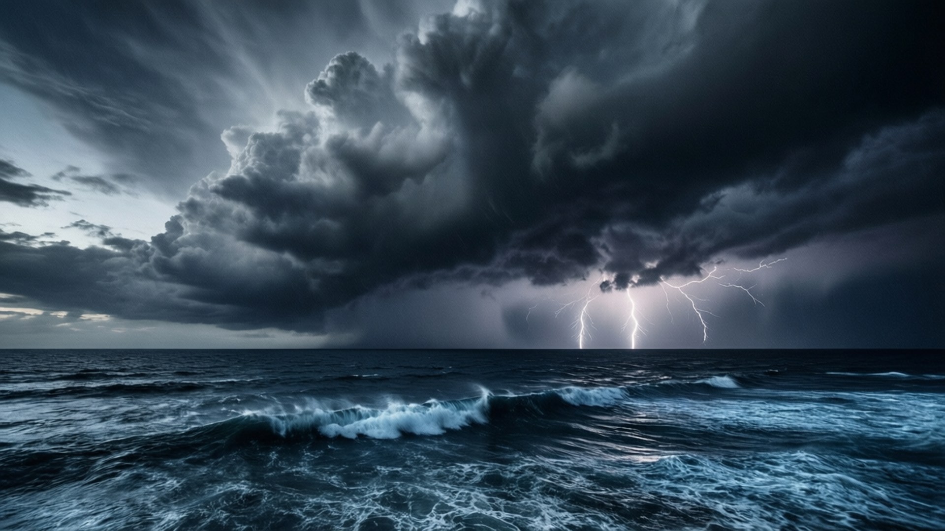 海上的暴風 壁紙 — 一場戲劇性的風暴在海洋上肆虐，閃電劈開烏雲，海浪在下方翻騰。