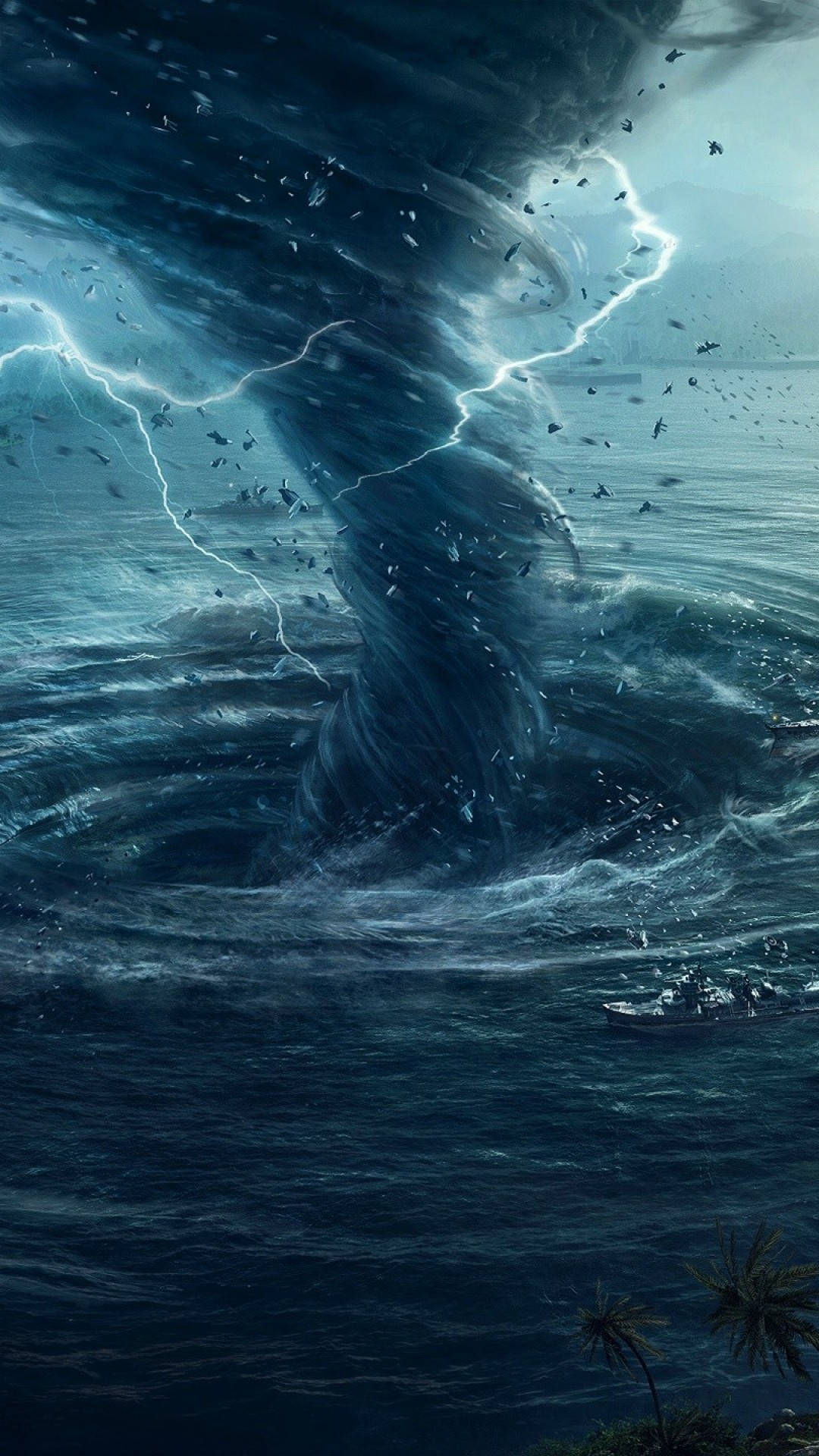 海上的颶風 壁紙 — 巨大的海洋龍捲風肆虐，閃電穿過其渦旋，一艘小船在熱帶海岸附近與風暴搏鬥。