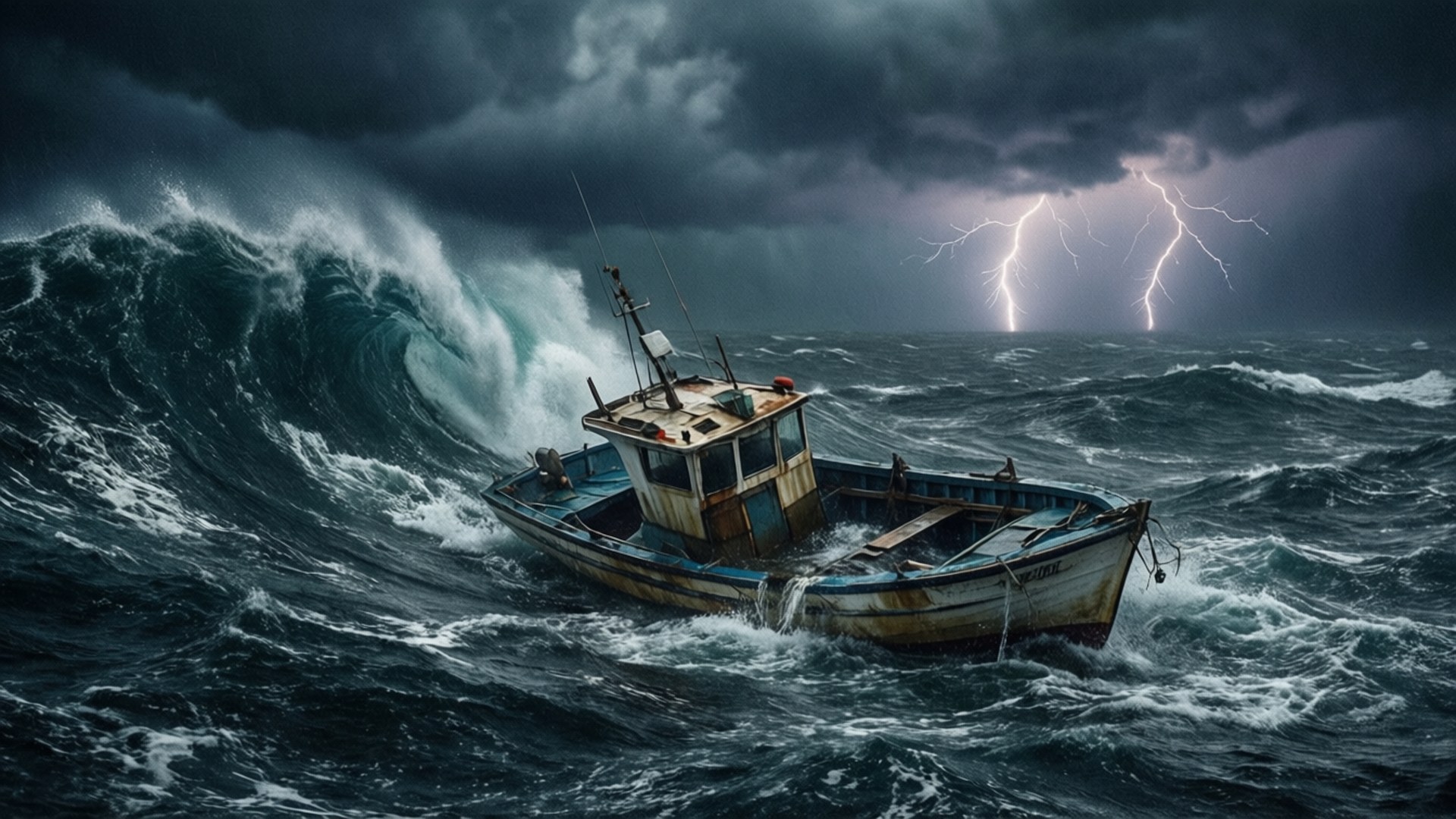 小船在雷暴中與猛烈海浪搏鬥。