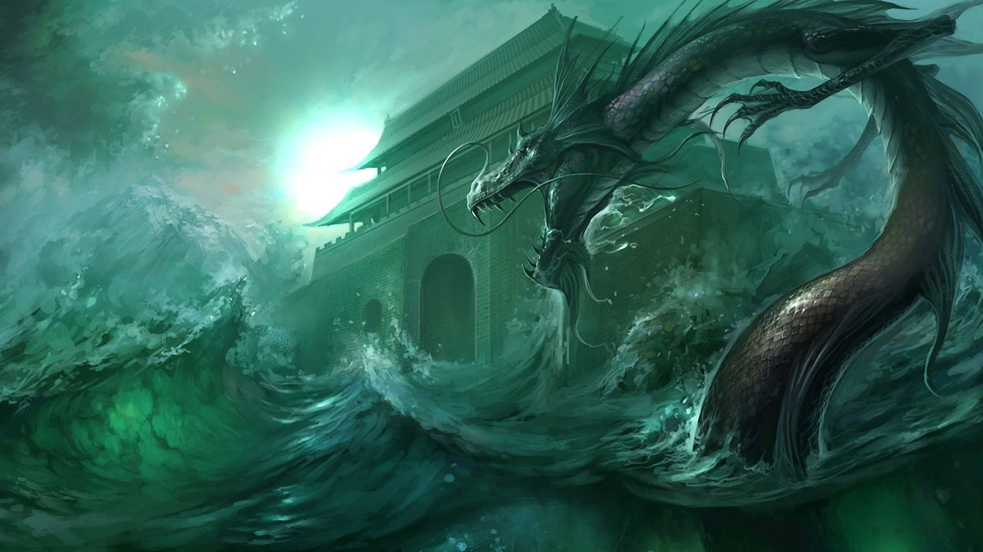 海中綠龍 壁紙 — 一頭巨大的黑暗巨龍從翻騰的綠色波濤中現身，撞擊著古老的石門，下方是一輪發光的月亮。