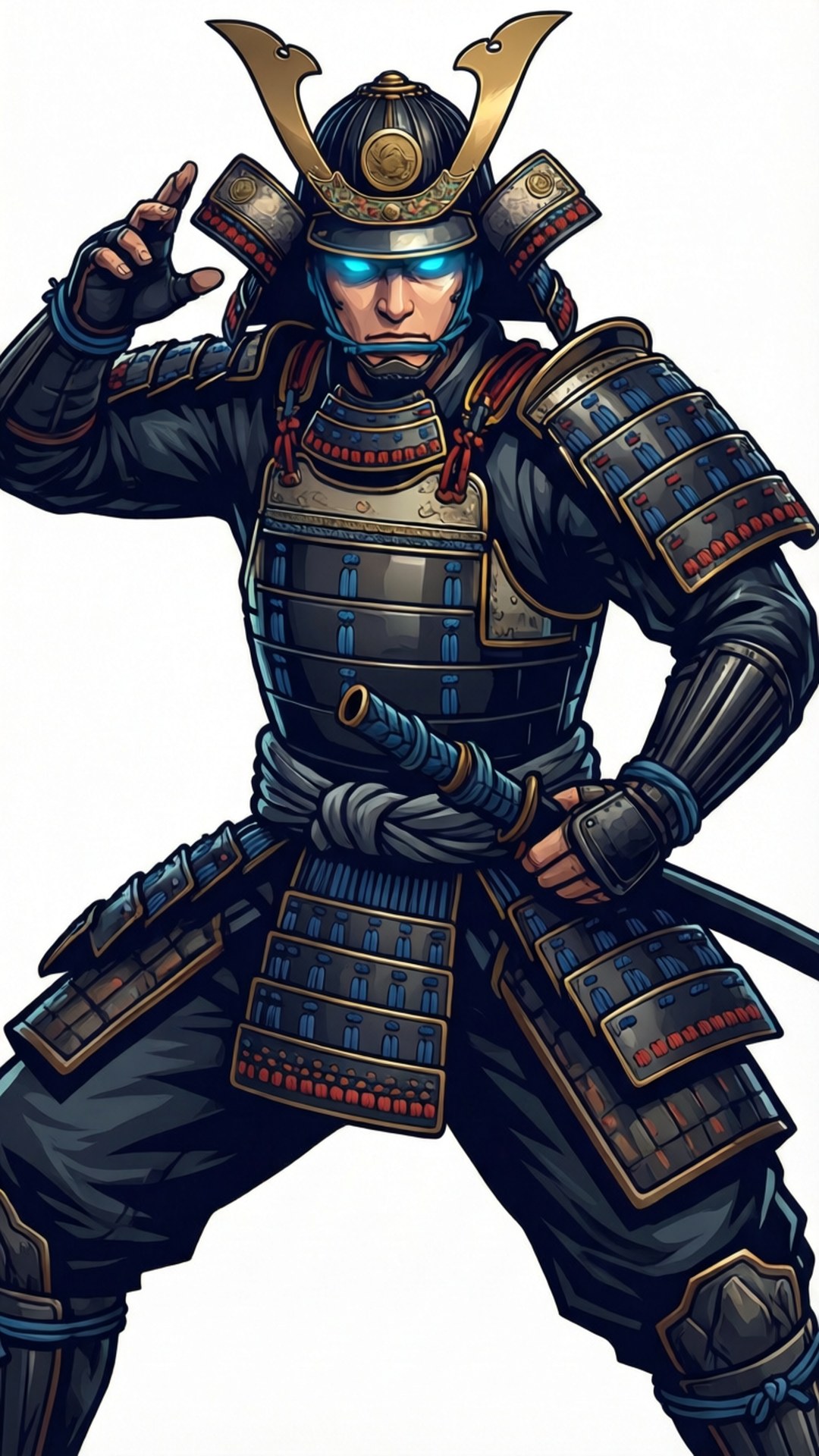 身穿深色盔甲的武士戰士，擁有發光的藍色眼睛和金色點綴。
