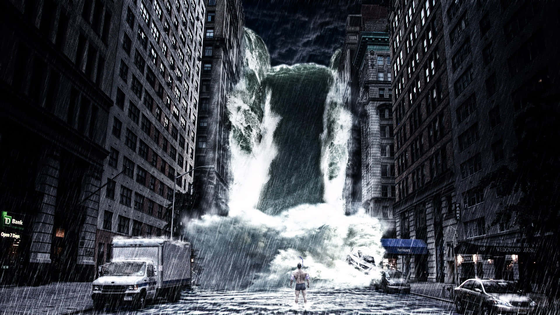 一個人凝視著在高樓之間的城市街道上噴湧而出的巨大瀑布。