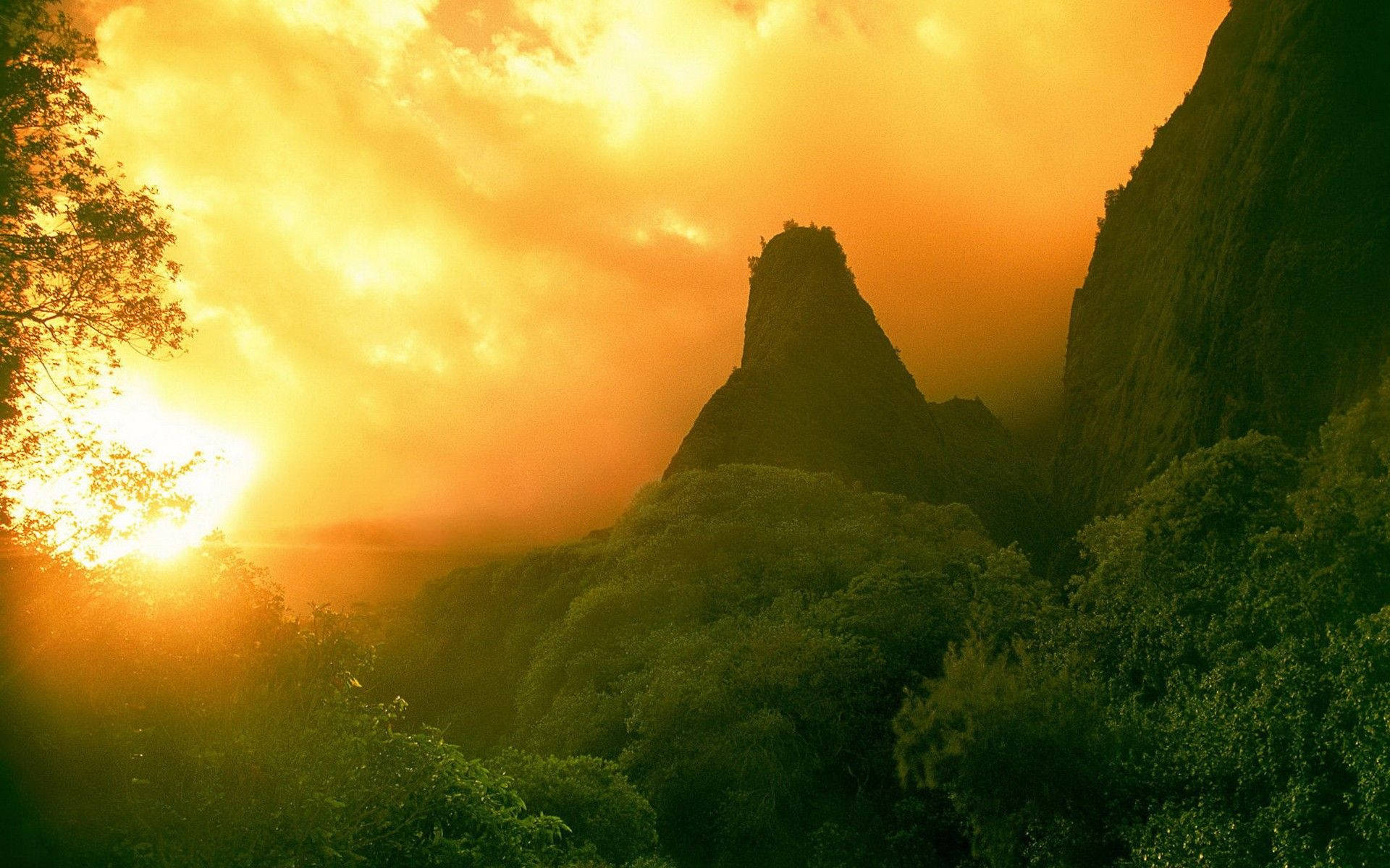 海地日落與風景 壁紙 — 夕陽將崎嶇的山峰沐浴在金色光芒中，茂密的綠色森林緊貼著山坡。