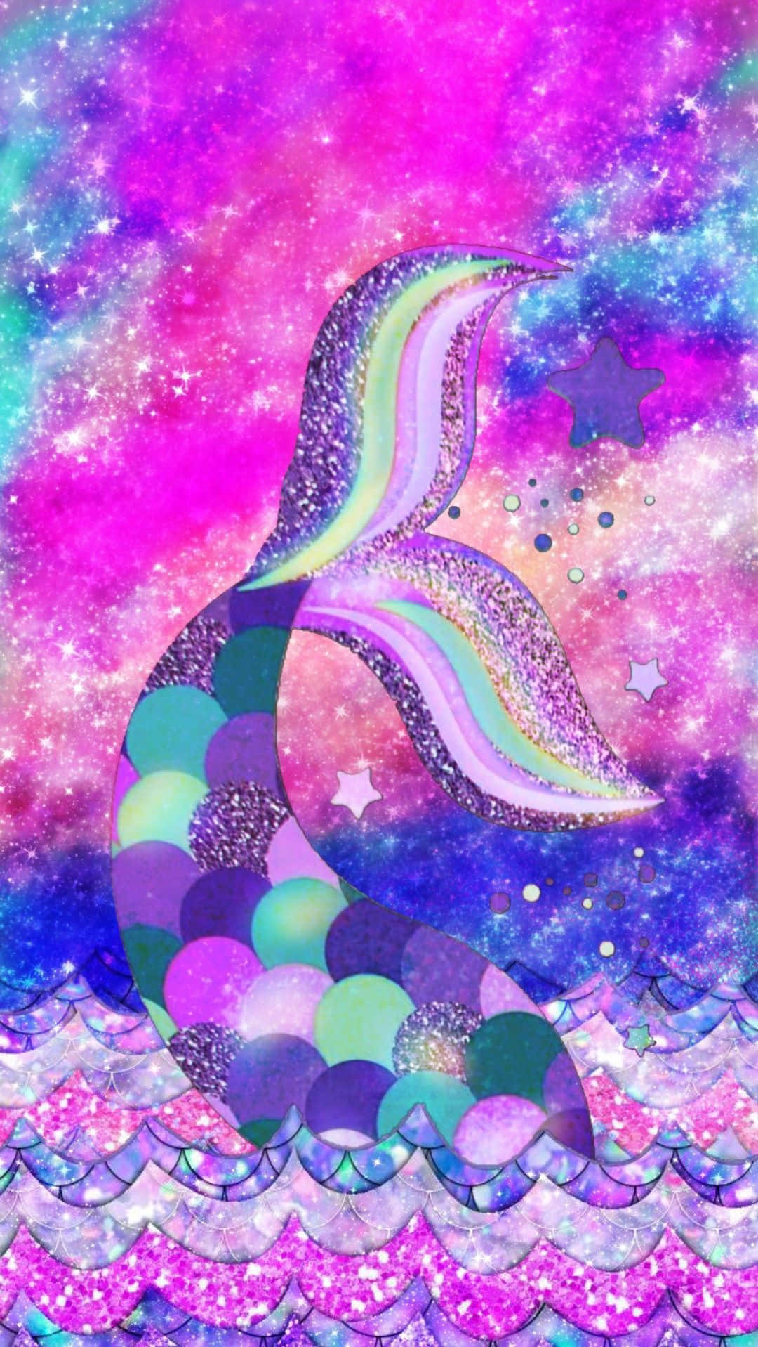 在閃爍的宇宙背景中，帶有彩虹鱗的美人魚尾巴。