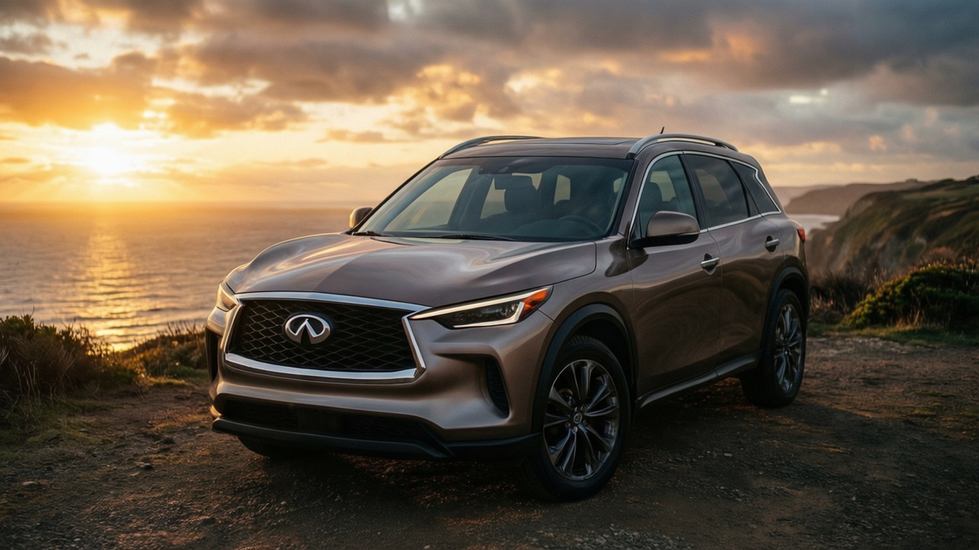 海岸日落巡航 壁紙 — 一架流線型青銅色Infiniti SUV停泊在懸崖邊，俯瞰金色日落時分的海洋。