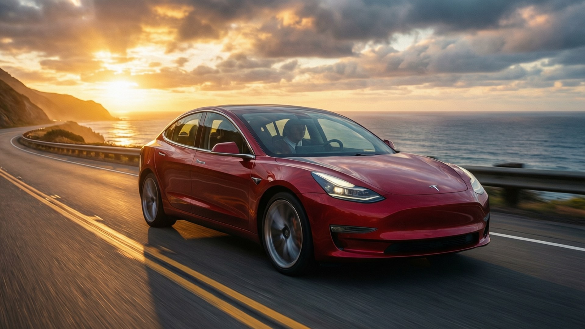 海岸日落疾馳 壁紙 — 一輛紅色Tesla Model 3沿著海岸公路在日落時分行駛，金色光線反射在海面和雲層上。