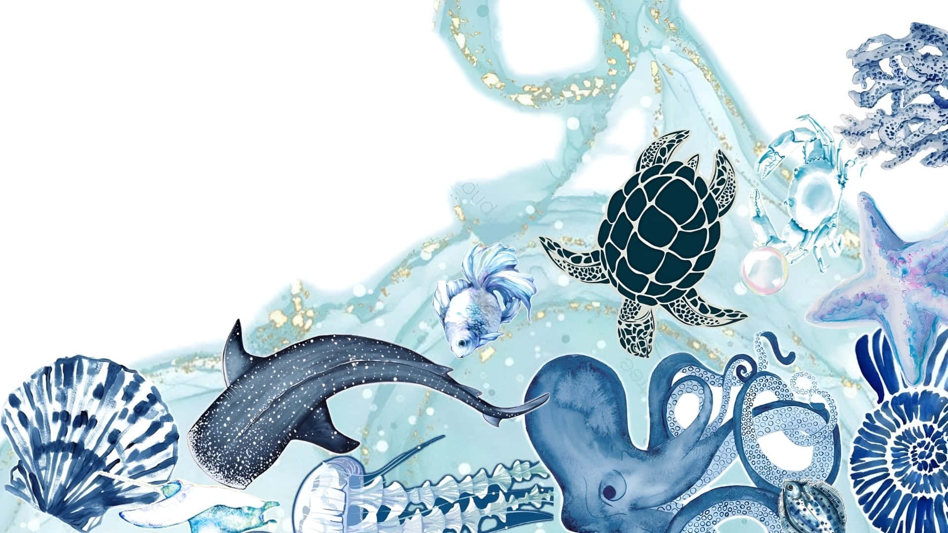 海岸海洋生物插畫 壁紙 — 以藍色和金色色調繪製的海洋生物水彩插圖，如鯊魚、海龜、章魚和海星。
