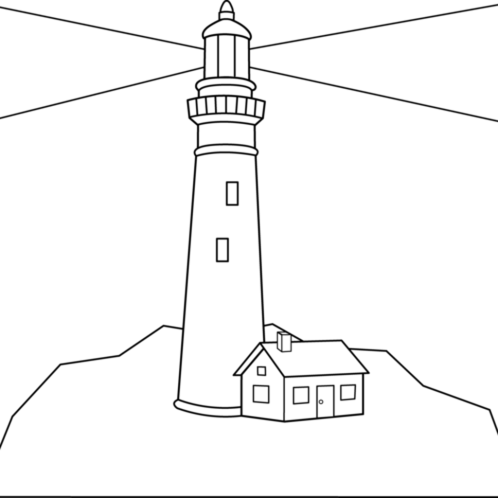 海岸燈塔插畫 壁紙 — 一幅鮮明的黑白線條畫，描繪燈塔光束劃破黑暗，旁邊有一座小小的看守人小屋。