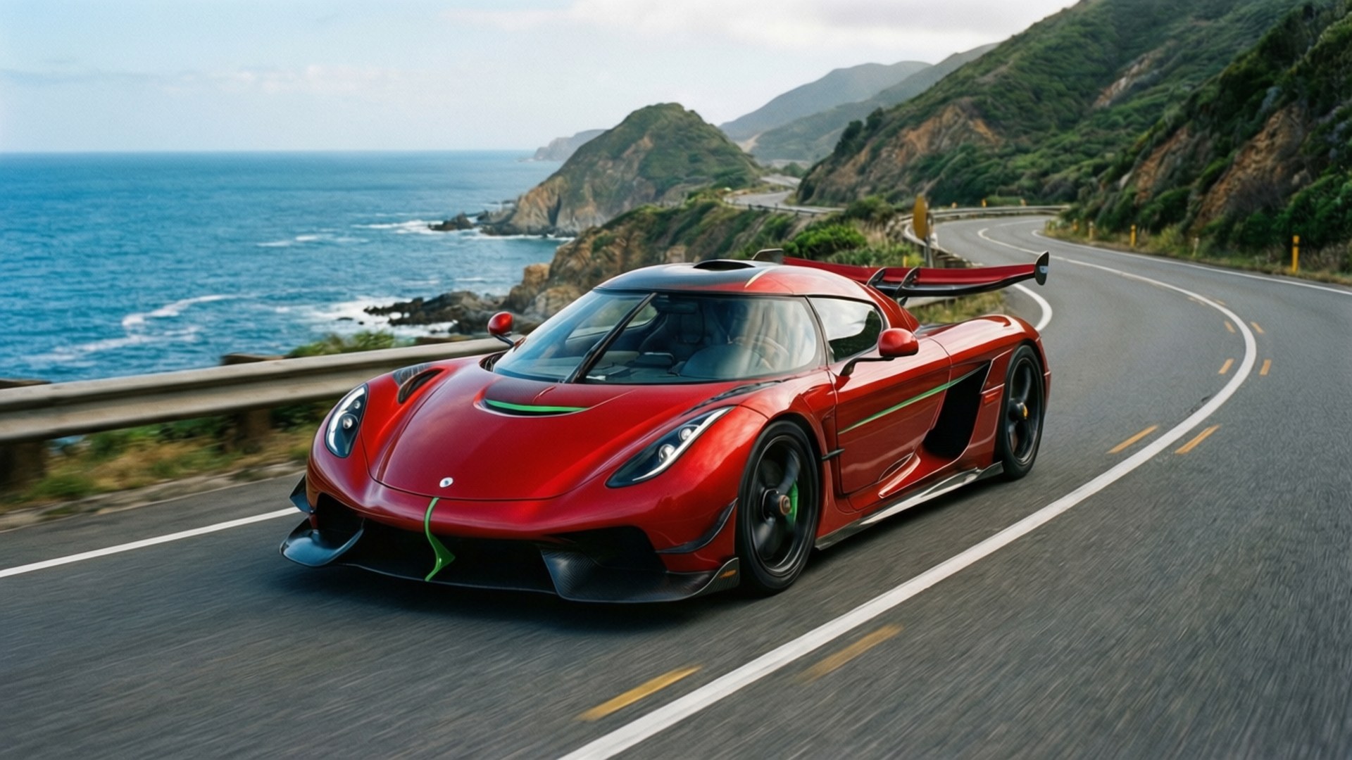 紅色 Koenigsegg 超級跑車在蜿蜒的海岸道路上行駛，靠近海洋懸崖
