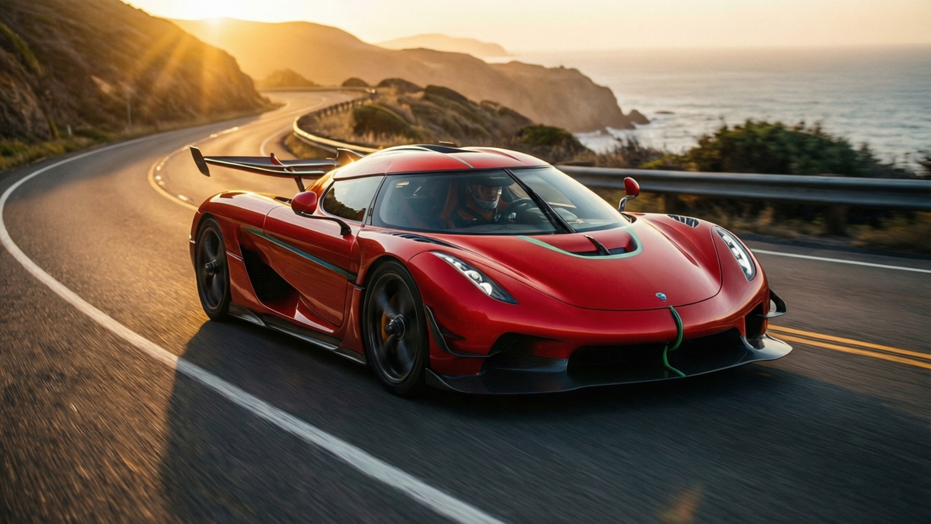 海岸速度狂人 壁紙 — 一輛紅色Koenigsegg超跑在黃金時刻沿著海岸高速公路疾馳，背景是海洋懸崖和太陽眩光。