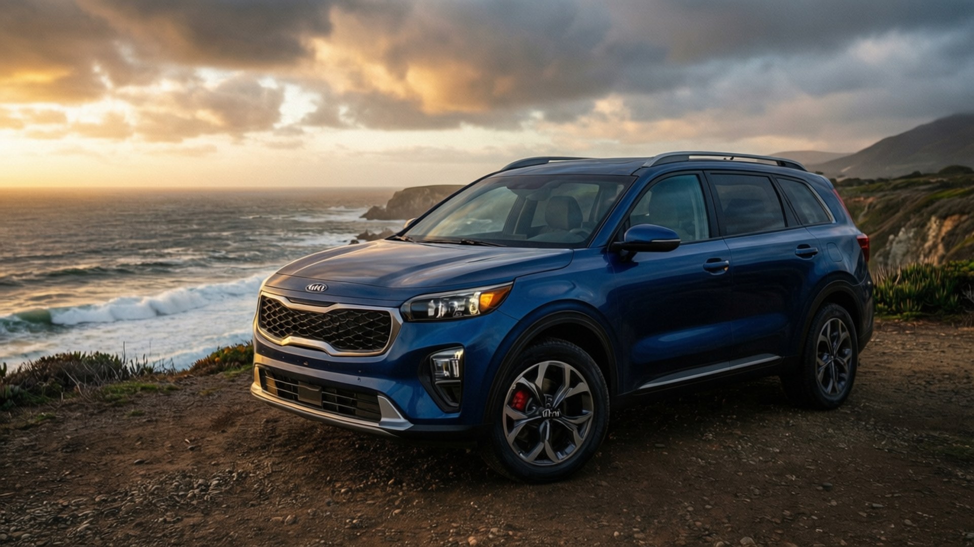 海岸風情Sorento 壁紙 — 一架時尚的藍色Kia SUV停泊在懸崖邊，俯瞰著金色夕陽下波濤洶湧的海洋。